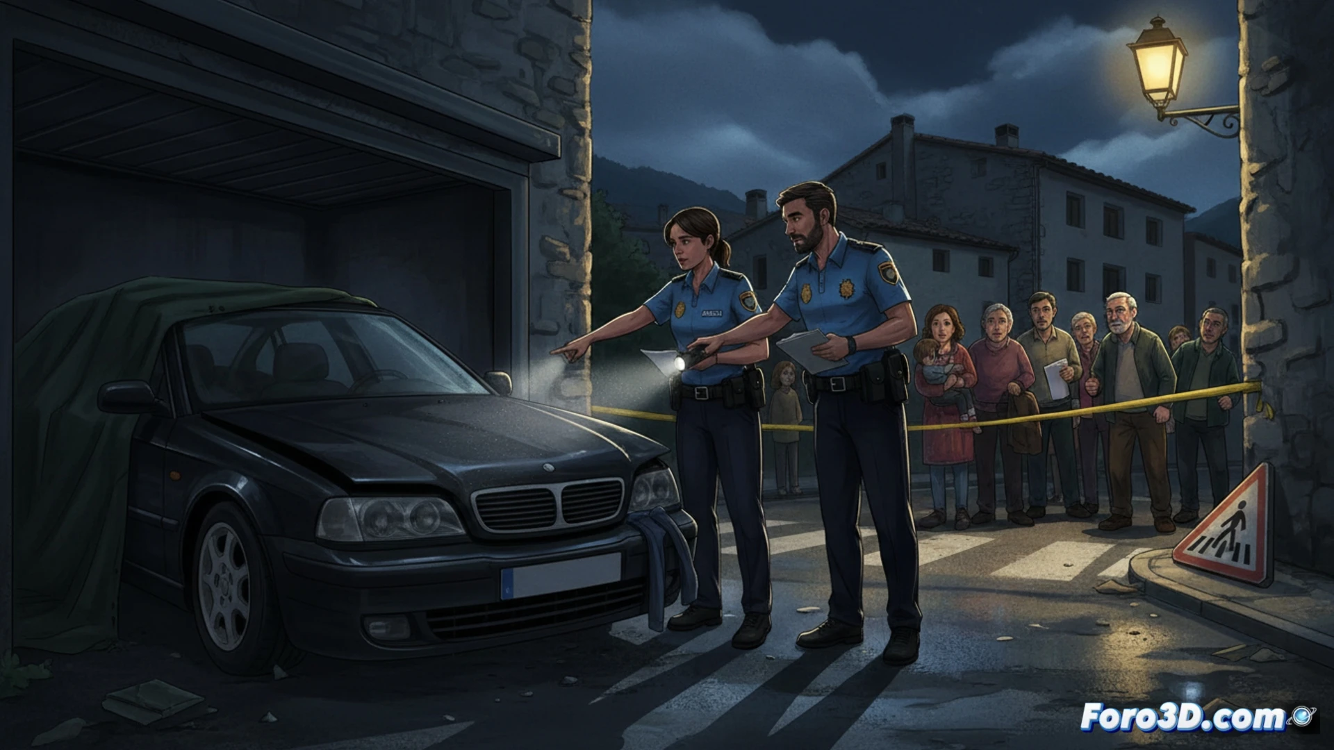 Escena nocturna de calle urbana en Sabiñánigo, un coche oscuro acelerando mientras un peatón yace en el asfalto bajo farolas, agente de policía local examinando marcas de frenado con linterna y tableta digital mostrando mapa de rastreo, otro oficial fotografiando huellas de neumáticos con cámara forense, vehículo implicado parcialmente oculto en garaje cercano con matrícula borrosa, estilo cinematográfico realista, iluminación dramática con sombras duras, texturas de asfalto rugoso y metal abollado, atmósfera tensa de investigación técnica, ultradetallado