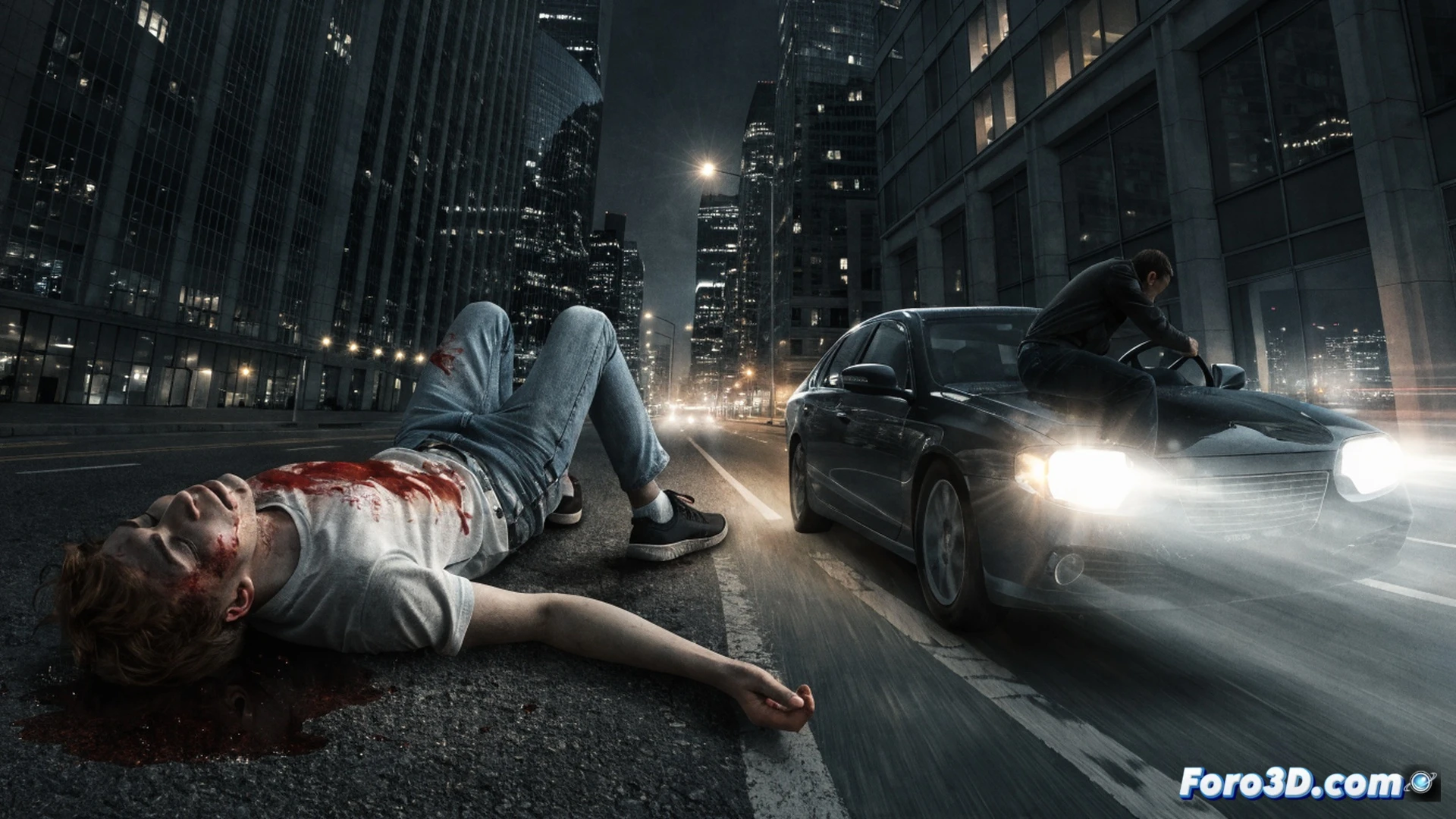photorealistic cinematic scene of a child lying on a dark wet asphalt road, a sedan car speeding away in the distant blurred background with red brake lights fading, a shattered bicycle wheel spinning slowly on the ground, a cracked smartphone lying nearby with screen shattered, a single sneaker abandoned in the middle of the crosswalk, raindrops hitting the road surface creating ripples, dramatic low-angle shot from the child’s perspective, dark stormy sky above, cold blue and grey color palette, motion blur on the escaping vehicle, high contrast lighting emphasizing the isolation and abandonment, ultra-detailed asphalt texture and reflections, technical forensic-style visualization
