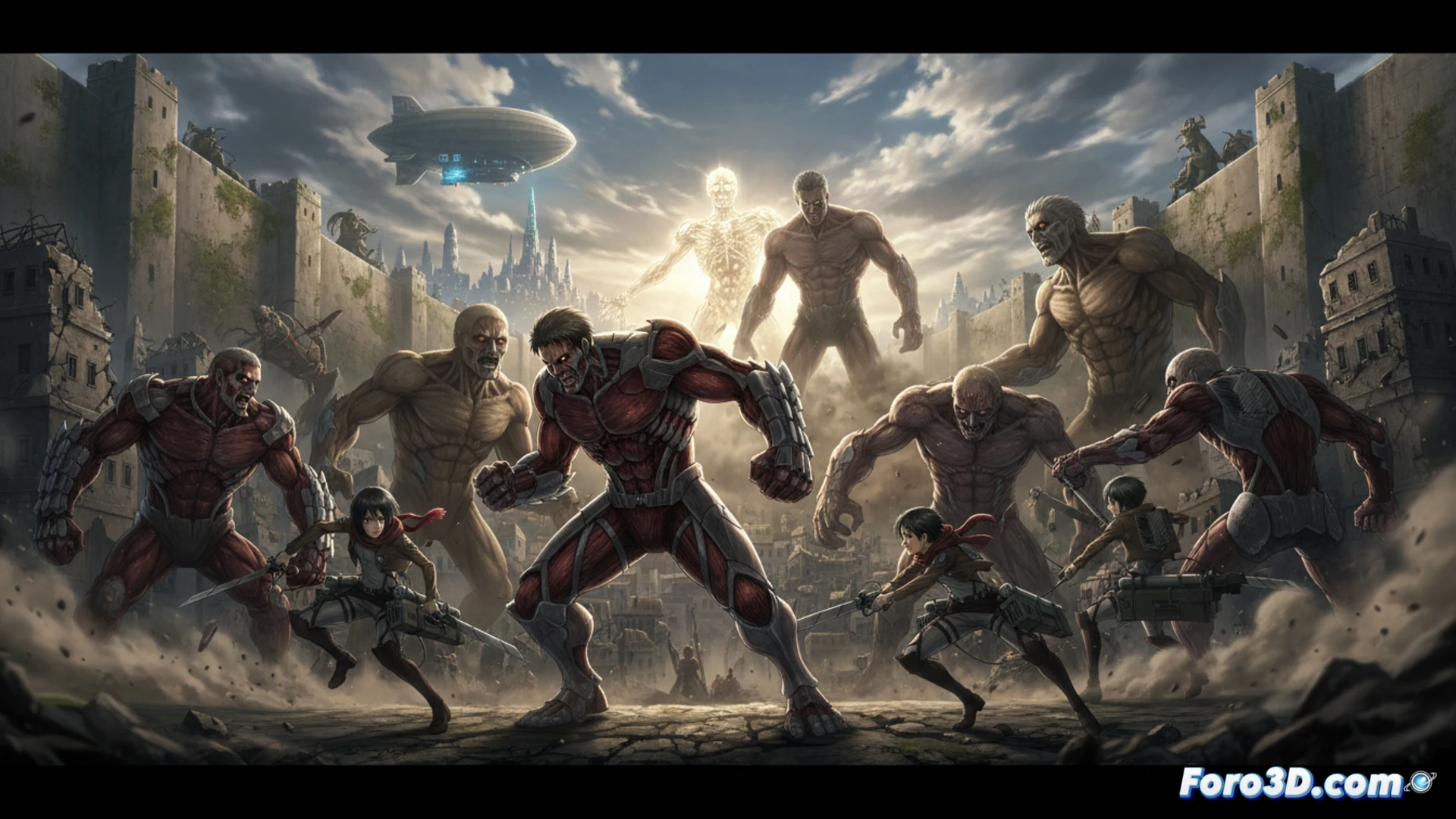 gigantic humanoid titan with exposed muscular torso lunging forward, steam erupting from its joints, three soldiers using omni-directional mobility gear swing around its neck, blades slicing into glowing nape tissue, wire cables tangled mid-air, cinematic action scene, dynamic camera angle from below, dramatic dust clouds, photorealistic technical illustration, intense battle lighting, ultra-detailed mechanical gear and flesh textures, motion blur on swinging ropes, debris particles floating, dark stormy sky background