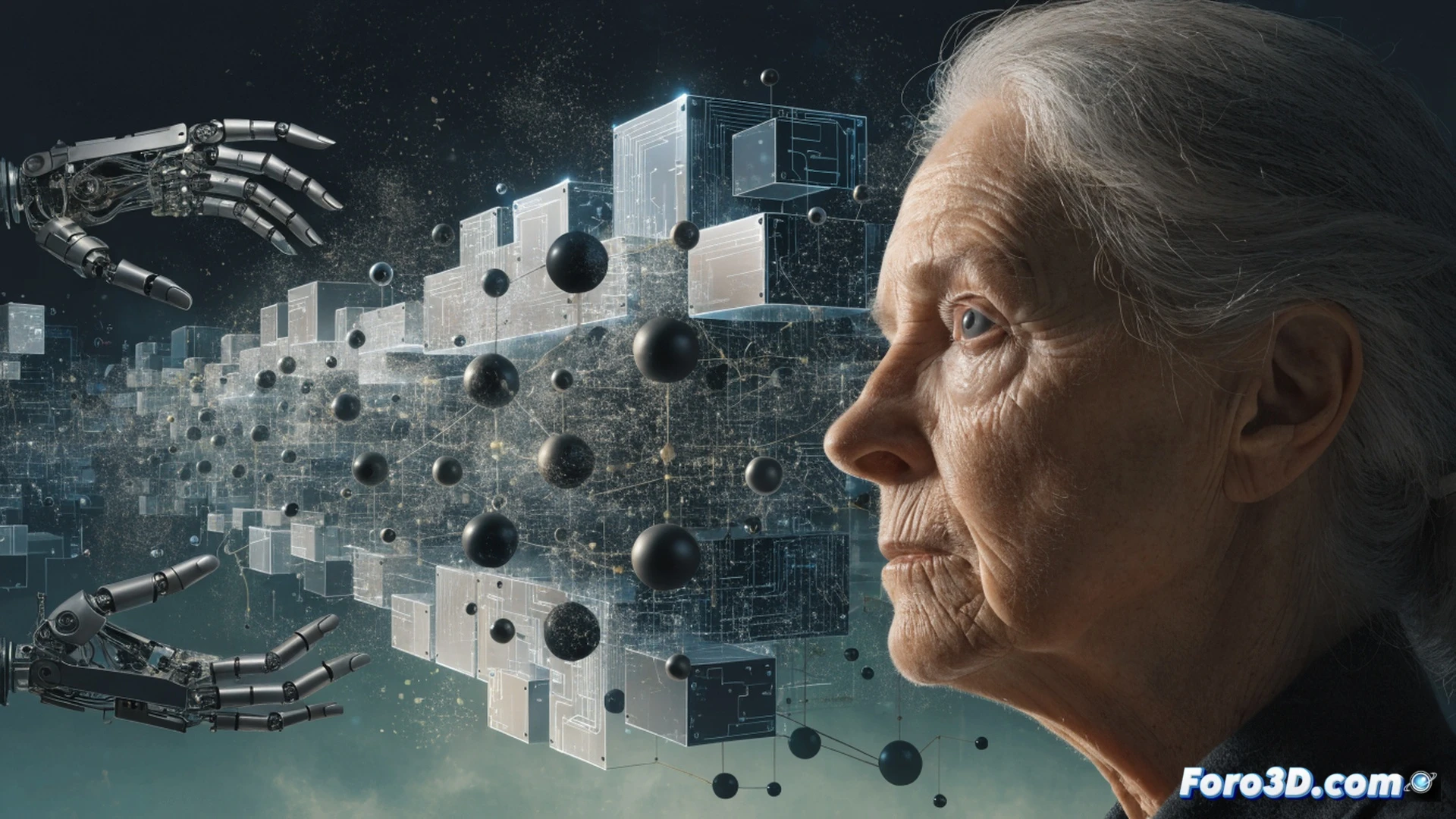 silhouette of Margaret Atwood standing at a lectern in a university hall, holographic AI interface floating above young students, glowing digital chains wrapping around their heads, neural network nodes flickering dimly, book pages dissolving into binary code, students staring blankly at smartphones while a blackboard shows crumbling equations, cinematic photorealistic style, dramatic chiaroscuro lighting, smoke-like data streams curling upward, cracked globe behind the stage, ultra-detailed fabric textures, dystopian academic atmosphere
