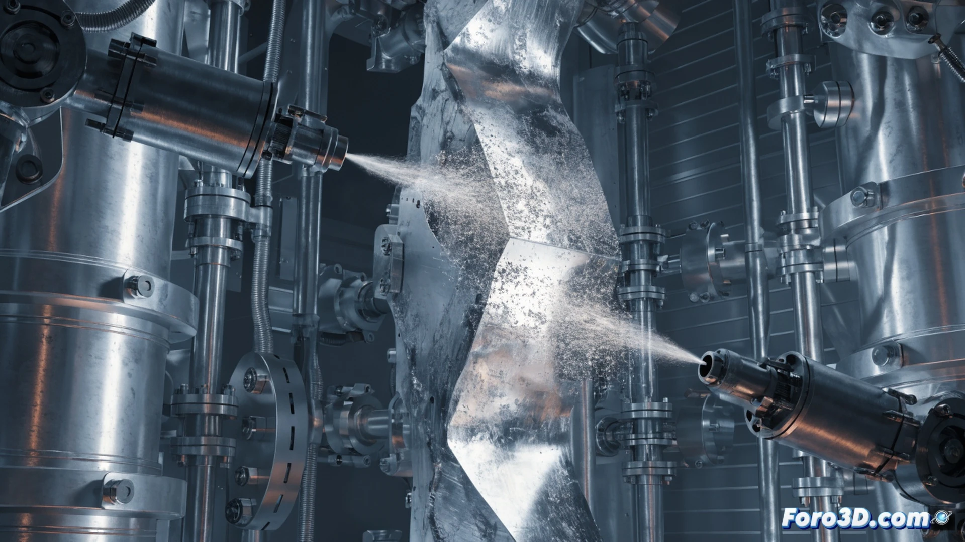 cold spray deposition process in action, metal powder particles accelerating through a supersonic nozzle toward a damaged metallic component, technician in protective gear monitoring real-time data on a ruggedized tablet showing deposition thickness and particle velocity, cross-section diagram overlay revealing layered material buildup without melting, industrial lab setting with robotic arm holding the spray gun, safety barriers and compressed gas cylinders in background, cinematic engineering visualization, dramatic blue and orange lighting highlighting particle stream, ultra-detailed metal surface texture, photorealistic technical render