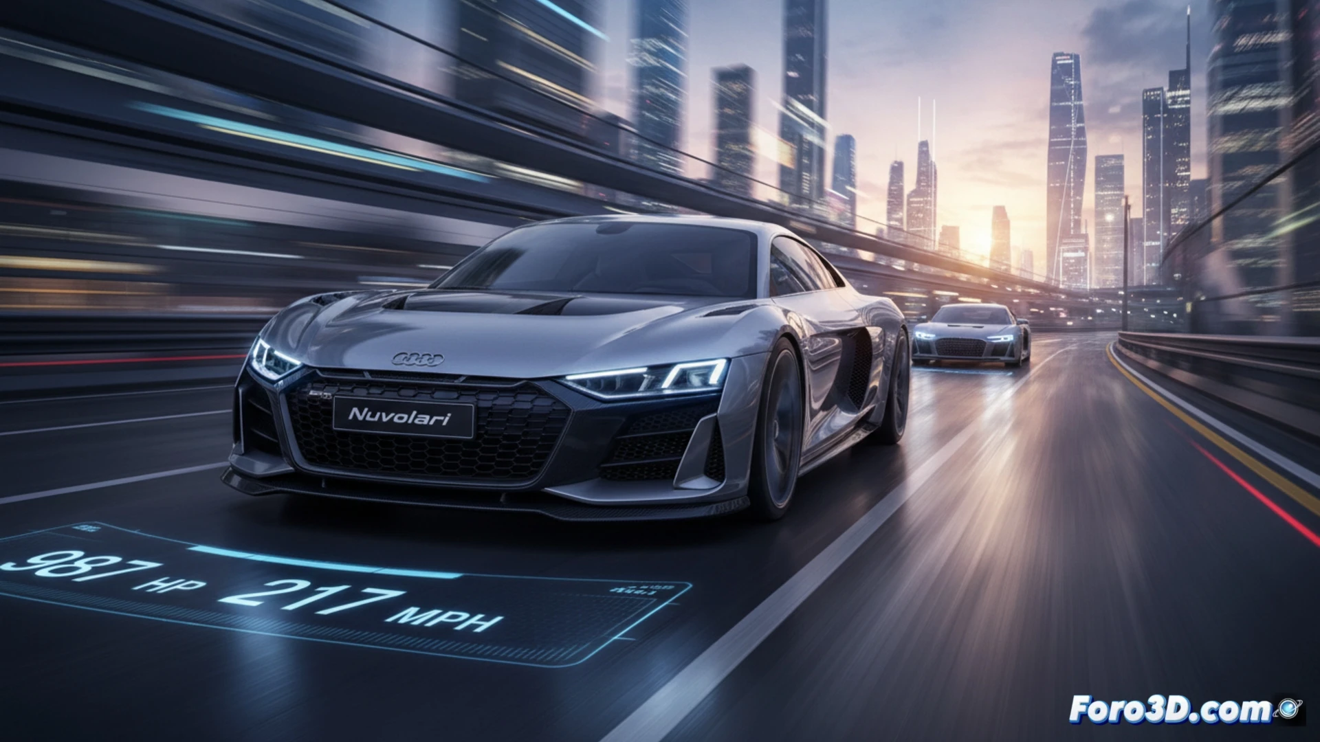 Audi Nuvolari híbrido, 987 CV, 217 mph, diseño futurista en azul eléctrico, luces LED afiladas, llantas aerodinámicas.