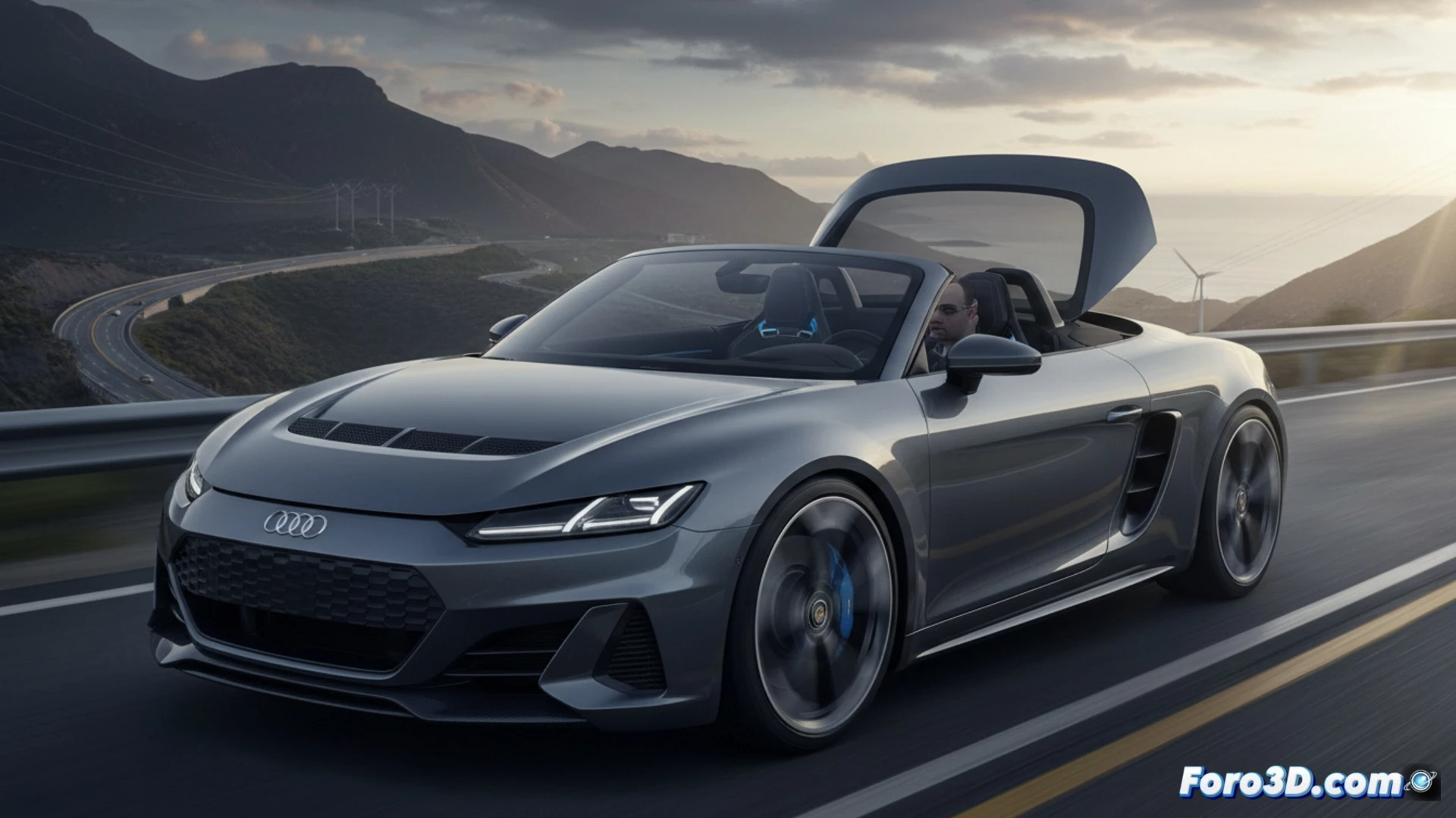 Descripción detallada (80-120 caracteres):  
Un prototipo camuflado con patrón en blanco y negro, basado en un Porsche 718 Boxster, avanza en carretera bajo un cielo nublado, anticipando el futuro deportivo eléctrico de Audi que reemplazará al TT en 2027.