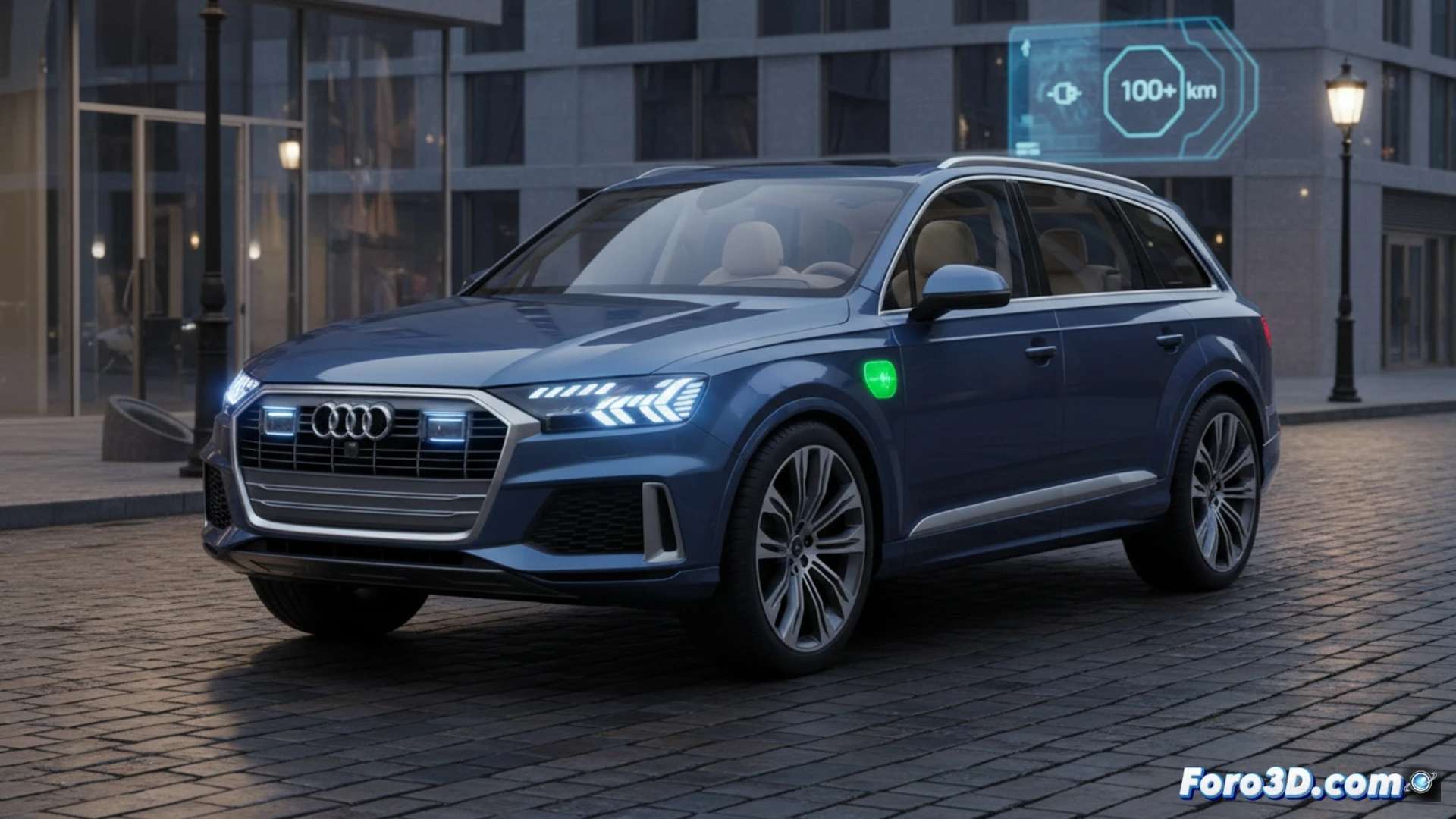 SUV Audi Q7 2027 gris oscuro con faros LED y luces traseras OLED, en carretera nocturna.