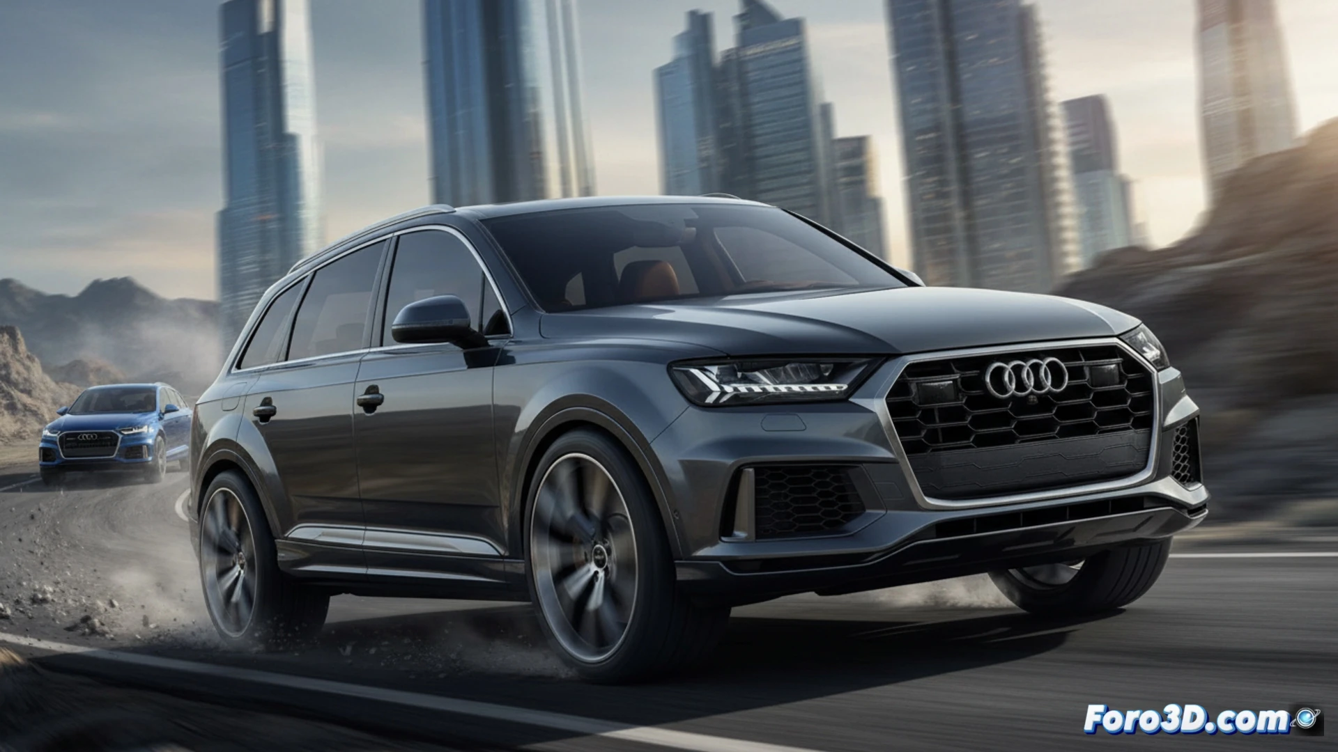 Audi Q7 2027 SUV massive body undergoing dynamic stress test on a rolling road dynamometer, V6 engine block glowing orange under load, chassis frame twisting during high-torque acceleration simulation, digital torque curves overlaying the drivetrain components, heavy-duty suspension compressing under 2.3-ton weight, cinematic engineering visualization, photorealistic metallic surfaces, motion blur on wheels, sparks from brake discs, smoke rising from exhaust, industrial workshop lighting, ultra-detailed mechanical parts, realistic structural deformation analysis