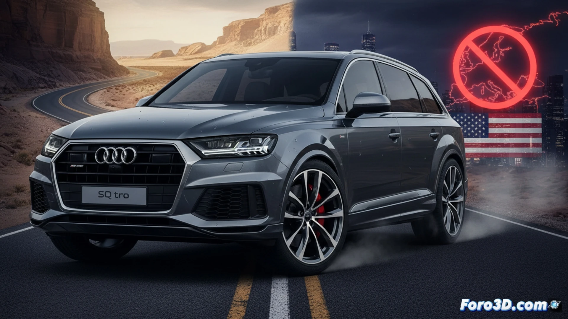 Audi SQ7 V8 biturbo engine bay during a high-revving test, pistons and connecting rods in rapid motion inside the 4.0-liter block, crankshaft spinning under intense stress, exhaust manifolds glowing red from heat, highlighted fuel injection lines pulsing with pressurized flow, carbon fiber intake ducts feeding air into the turbochargers, diagnostic cables connected to an ECU on a workbench showing live data curves, a wrench resting on a cold European road map beside the engine, cinematic engineering visualization, dramatic side lighting reflecting off polished metal surfaces, deep shadows in the engine crevices, photorealistic technical render
