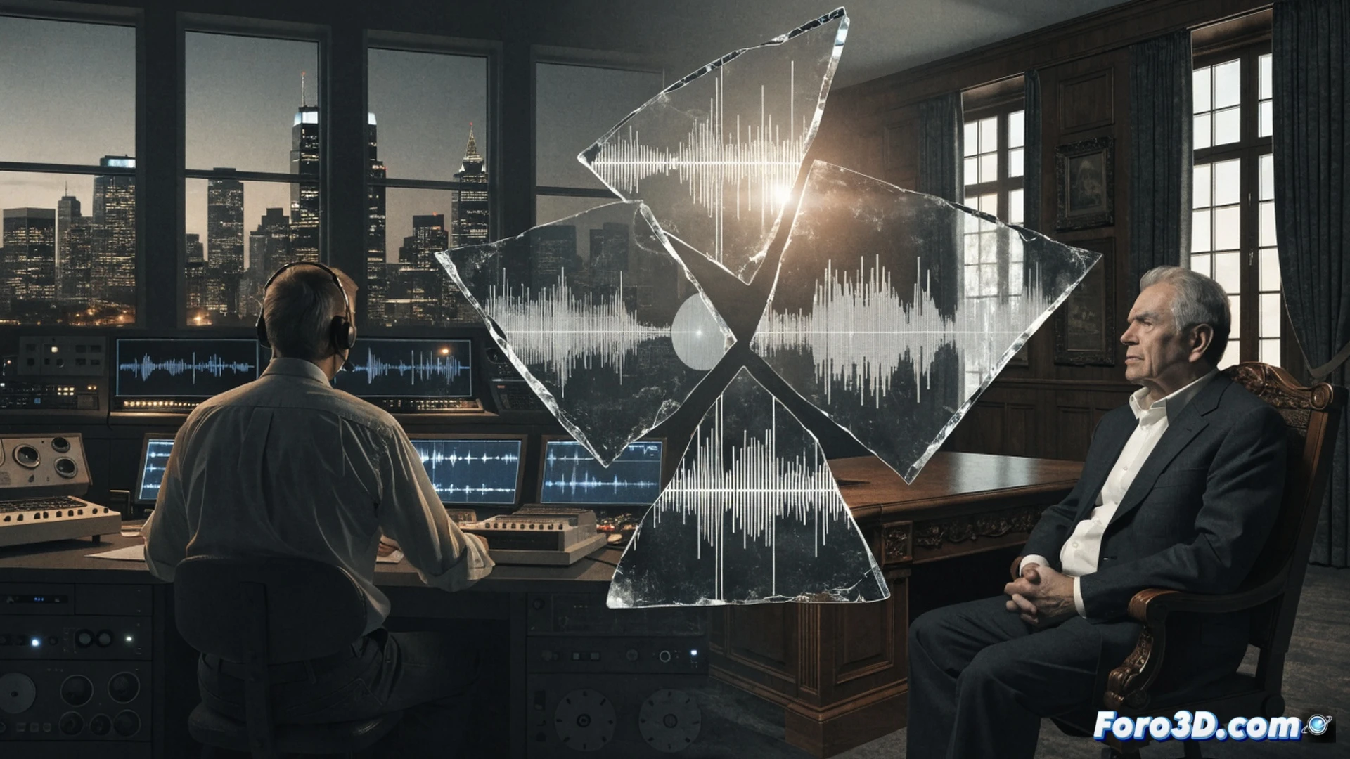 photorealistic scene of a politician's hand pressing a large transparent button labeled with a microphone icon on a sleek digital control panel, while a shadowy figure in the background frantically reaches to unplug a cable from a server rack, glowing audio waveform lines emerging from the button and flowing into a public broadcast screen, wires and data cables visibly cut with scissors on the floor, cinematic lighting with harsh contrast between bright transparency and dark secrecy, ultra-detailed metal panel textures, technical illustration style, dramatic shadows