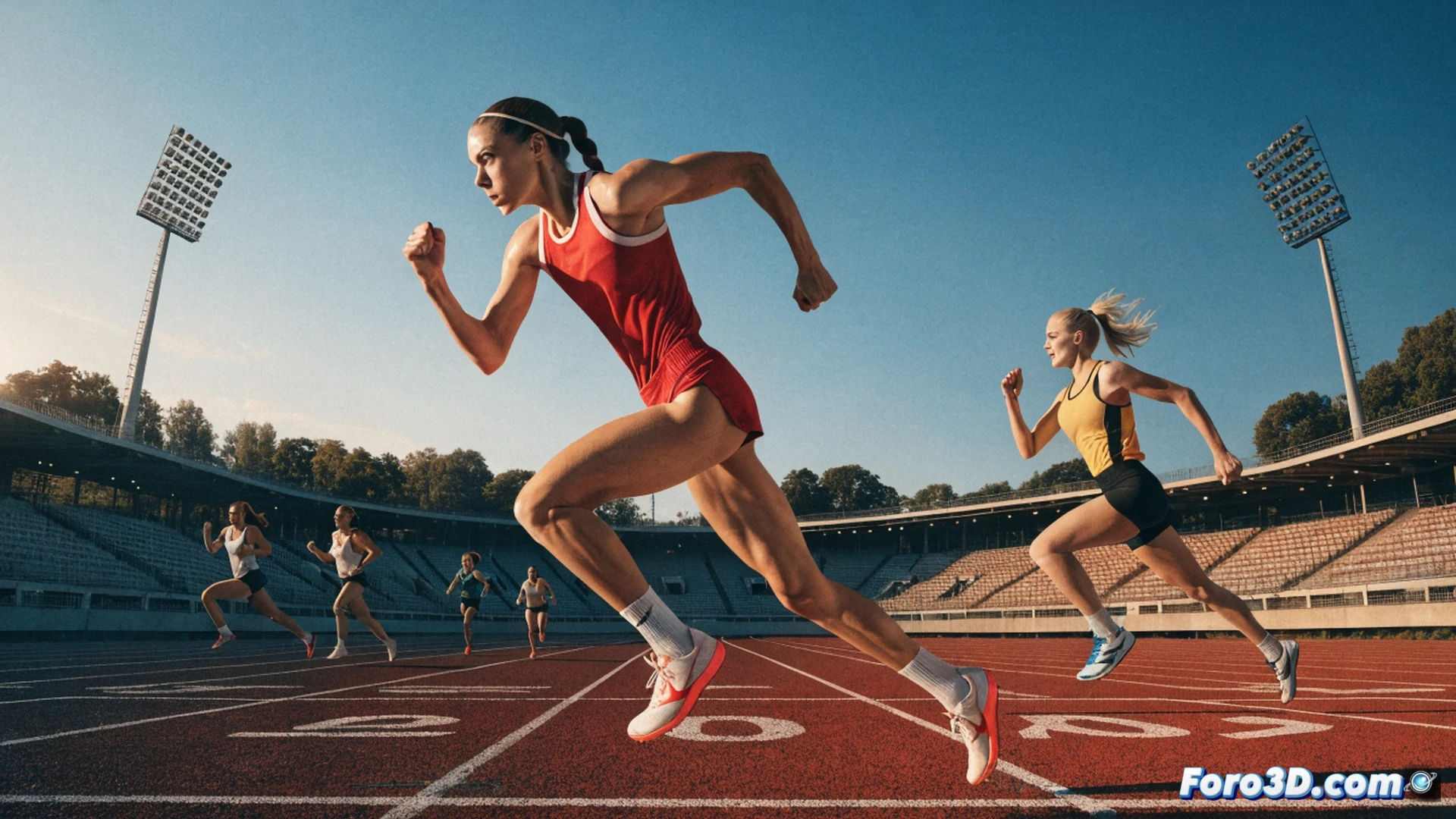 Audrey Werro sprinting on a red athletics track, neon timing display showing 1:53.28 and 1:53.80, motion blur on her legs and arms, sweat droplets flying, stopwatch in foreground with milliseconds ticking, photorealistic technical illustration, dramatic stadium floodlights, high-speed camera capture effect, ultra-detailed muscle definition and running shoe spikes, dynamic action pose mid-stride, cinematic lighting with blue and orange contrast, realistic athlete anatomy and track texture.