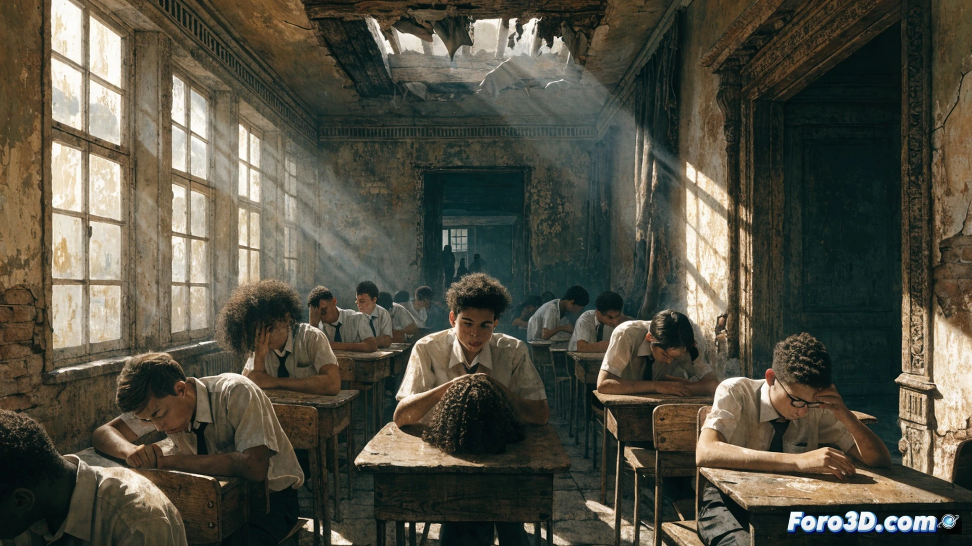 Abandoned classroom during extreme heat, students wiping sweat while failing to focus on outdated blackboard, cracked walls with peeling paint, broken ceiling fan motionless, rusted radiators unused, single small window with blinding sun rays heating the room, desks with melted plastic edges, dust particles floating in thick hot air, photorealistic technical illustration, dramatic shadow contrast, oppressive atmosphere, ultra-detailed decay textures, cinematic lighting with harsh sunlight beams, empty water bottles scattered on floor, no visible text or numbers