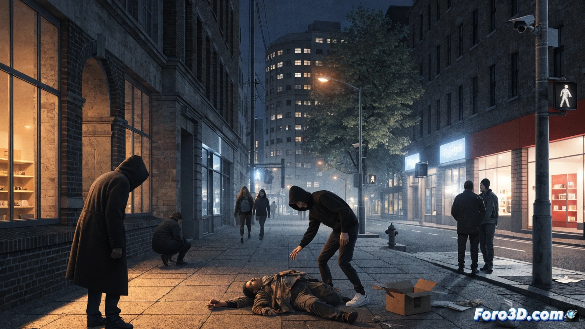 homeless person sleeping on a park bench in Berlin cityscape at night, attacker in dark hoodie approaching from behind holding a metal rod, surveillance camera on lamppost recording the scene, police patrol car with blue lights in distant street, scattered belongings and cardboard bedding, cinematic photorealistic style, dramatic street lighting with deep shadows, urban tension atmosphere, high contrast noir aesthetic, ultra-detailed textures of concrete and fabric, wide-angle lens perspective showing vulnerability