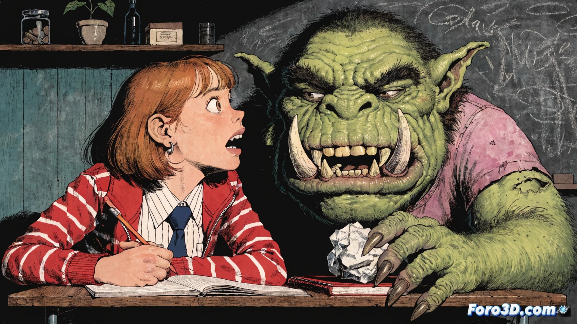 Aurora y el orco compartiendo pupitre en un aula iluminada por luz natural, el orco golpea suavemente un lápiz roto mientras Aurora ríe, fondo con pizarra y mapa medieval, libros abiertos con ilustraciones de batallas absurdas, estilo cinematográfico de cómic europeo, colores vibrantes, textura de papel envejecido, iluminación cálida desde ventana lateral, expresiones exageradas pero amables, técnica de rendering con acabado de acuarela digital, composición centrada en la interacción entre ambos personajes.