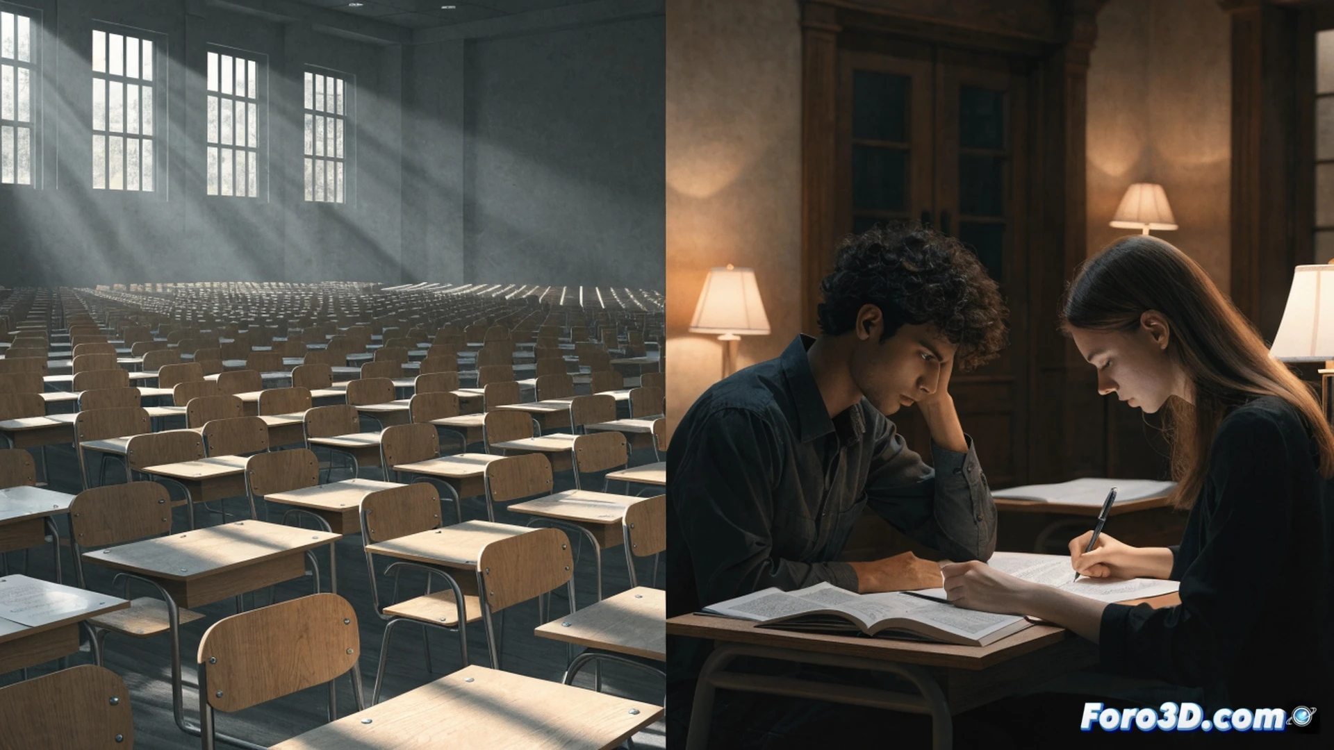 empty classroom with rows of wooden desks, a large digital screen on the wall showing a bar chart of applicant attendance with a stark red line dropping below 70 percent, a single teacher candidate sitting at a desk filling out a paper form, sunlight casting long shadows across the floor, abandoned chairs slightly pushed back, dust particles floating in the air, cinematic documentary style, muted institutional colors, photorealistic technical illustration, deep focus from foreground desk to background screen, subtle lens flare, atmosphere of quiet urgency