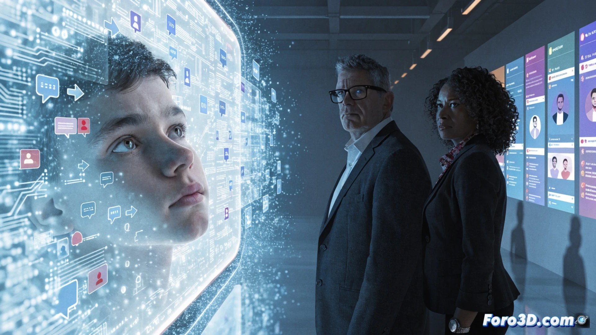 adolescent hand hovering over smartphone screen, parental control app interface glowing with warning symbols, digital padlock icon overlaying social media logos, government regulatory dashboard in background showing compliance metrics, red penalty flags marking non-compliant platforms, technical illustration style, transparent holographic data streams connecting child profile to enforcement system, dramatic blue and amber lighting, photorealistic render, high-angle shot revealing circuit board patterns beneath touchscreen surface, action of blocking access demonstrated through cracked glass visual metaphor