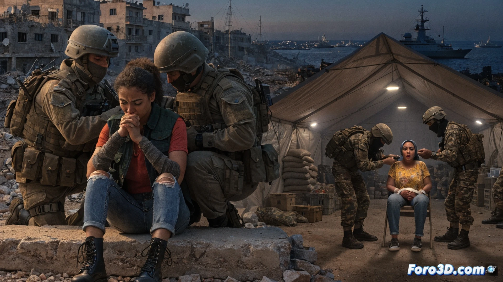 Palestinian activist being detained on a naval blockade boat near Gaza coast, Israeli military personnel conducting search procedures, metallic handcuffs and tactical gear visible, distressed individual showing signs of physical trauma, medical examination kit on deck, forensic evidence markers placed nearby, maritime security operation scene, realistic documentary-style photorealistic render, harsh midday sunlight casting sharp shadows, weathered boat deck with rusted railings, blue Mediterranean sea background, tense human rights violation documentation moment, cinematic crisis photography aesthetic