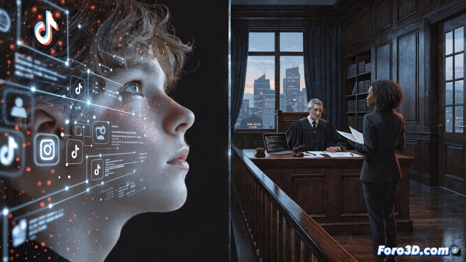 A teenager in a dim bedroom holding a smartphone with a fake age entry form visible on screen, while a glowing Australian government warning icon appears above the device, a judge's gavel and a stack of Australian dollar bills with penalty stamps float in the background, TikTok and Instagram logo interfaces blurred behind the phone, dramatic courtroom-style lighting, deep shadows, cinematic photorealistic technical illustration, tension in the scene showing the act of bypassing restrictions and the consequence of doubled fines
