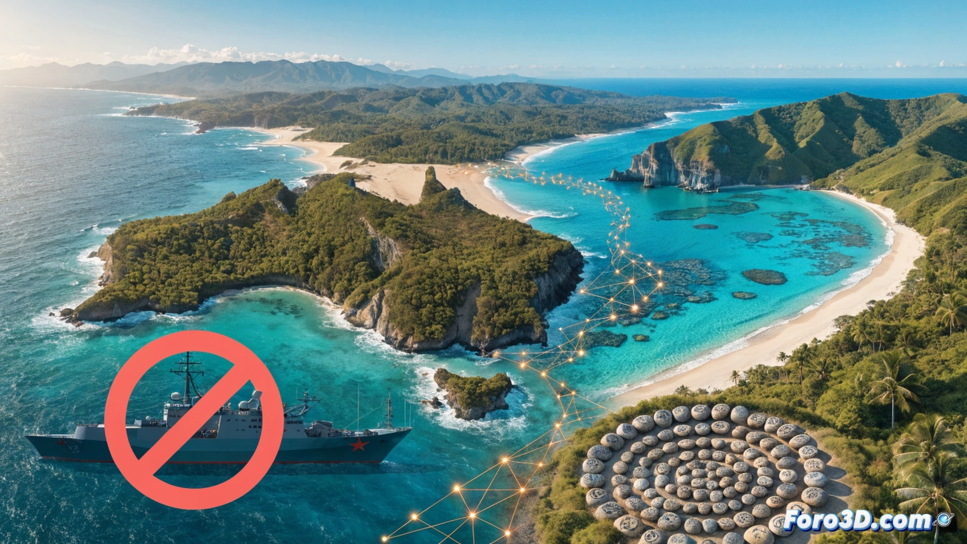 Pacific island map on digital display, two hands shaking over a signed document, a Chinese military base blueprint crossed out with red X, Australian financial aid charts visible on tablet screen, Vanuatu flag and Australian flag side by side, photorealistic technical illustration, diplomatic negotiation scene, glowing economic data overlays, strategic Pacific region highlighted in blue, clean corporate lighting, ultra-detailed map contours, professional geopolitical visualization