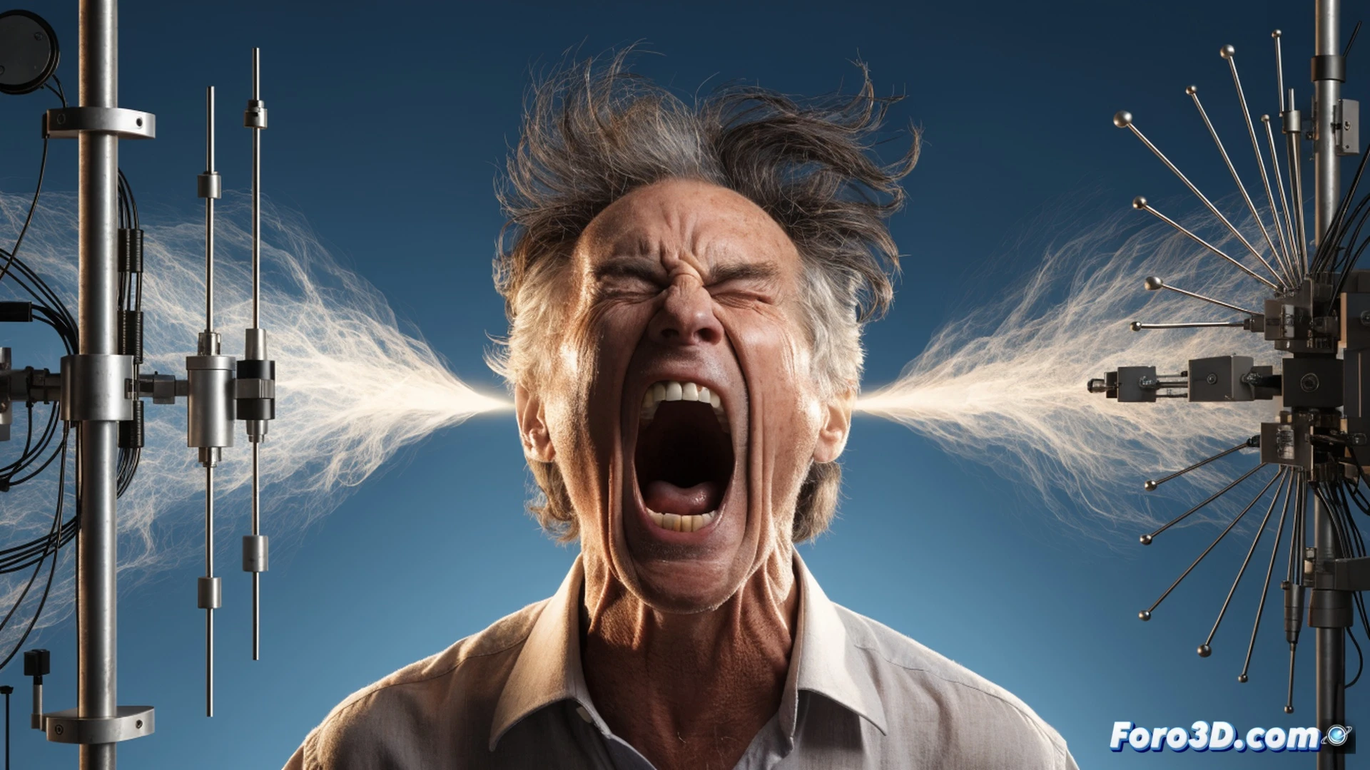 a man in his late 50s with concentrated expression, standing in an acoustic testing chamber, mouth wide open while screaming the word now, sound pressure waves visible as translucent ripples emanating from his mouth, a digital decibel meter on a tripod displaying peak 122.4 dB, professional studio microphones and acoustic foam panels surrounding him, cinematic engineering visualization, dramatic spotlight highlighting his face and throat muscles tensed during the vocal effort, dark studio background with blue LED equipment lights, photorealistic technical render