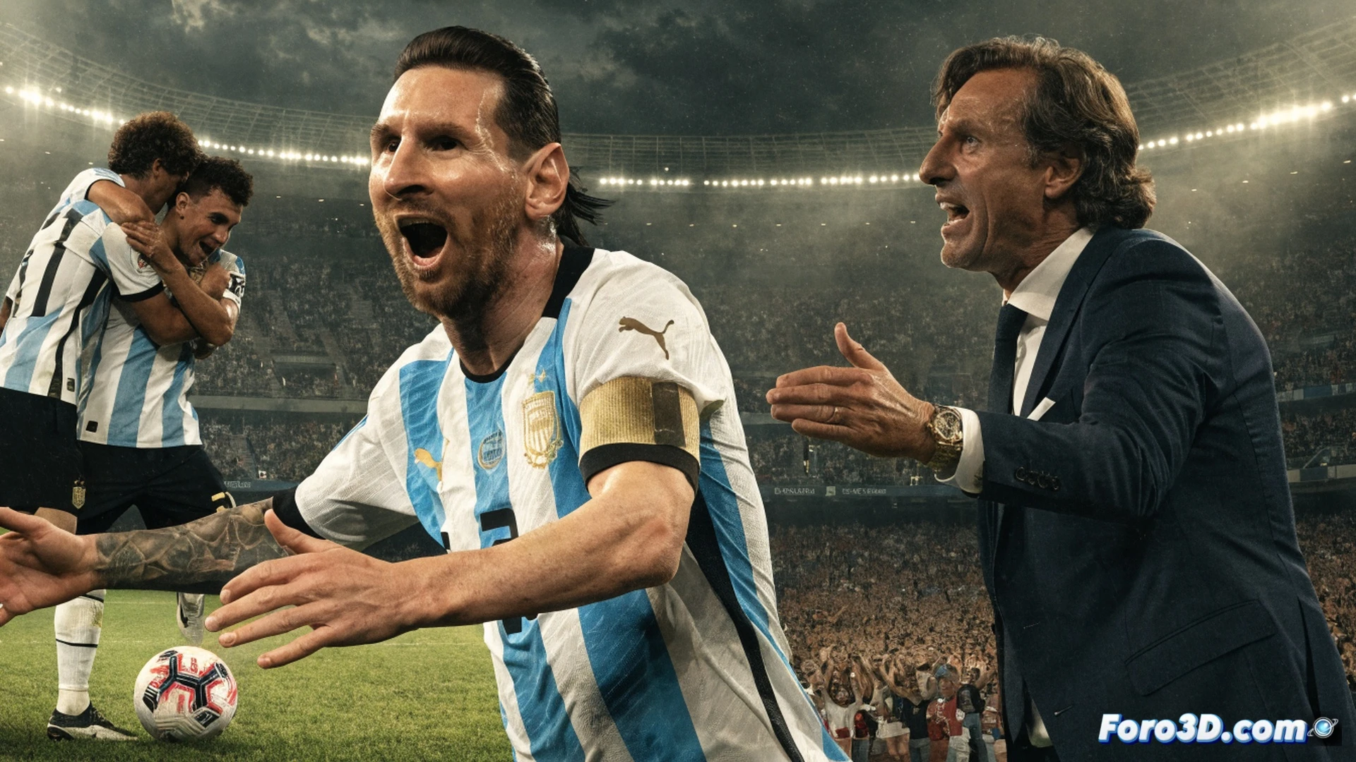 Argentina jersey number 10 Messi mid-shot passing Austrian defender at 39 years old, ball leaving his boot with spin visible, Austrian goalkeeper diving late, referee with raised arm but no whistle, VAR screen in background showing freeze-frame of potential foul on Austrian player, stadium floodlights casting shadows, cinematic sports photography style, photorealistic action moment, sweat droplets frozen in air, grass turf flying up from Messi's pivot foot, dramatic golden hour lighting from stadium beams, high-speed shutter effect, ultra-detailed jersey fabric texture, motion blur on background players, technical match visualization