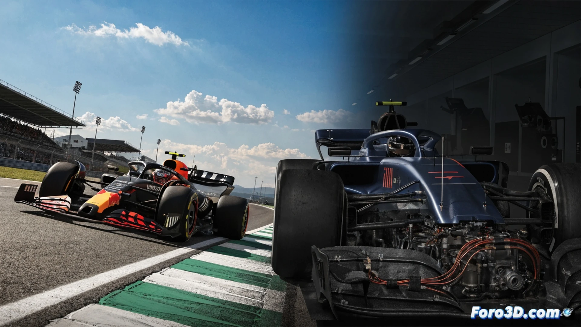 F1 Williams pit garage during Austrian Grand Prix, Carlos Sainz helmet off sitting inside cockpit, race engineer disconnected battery cables from sidepod, dashboard screen showing electrical fault error codes, multimeter probes touching exposed wiring harness, cooling fan spinning down slowly, Haas and Audi cars blurred in background on track, red brake calipers and open DRS flap visible, overhead fluorescent workshop lights reflecting on carbon fibre, photorealistic technical engineering visualization, dramatic race-day tension, motion blur from distant passing cars, high detail on electrical connectors and tool tray