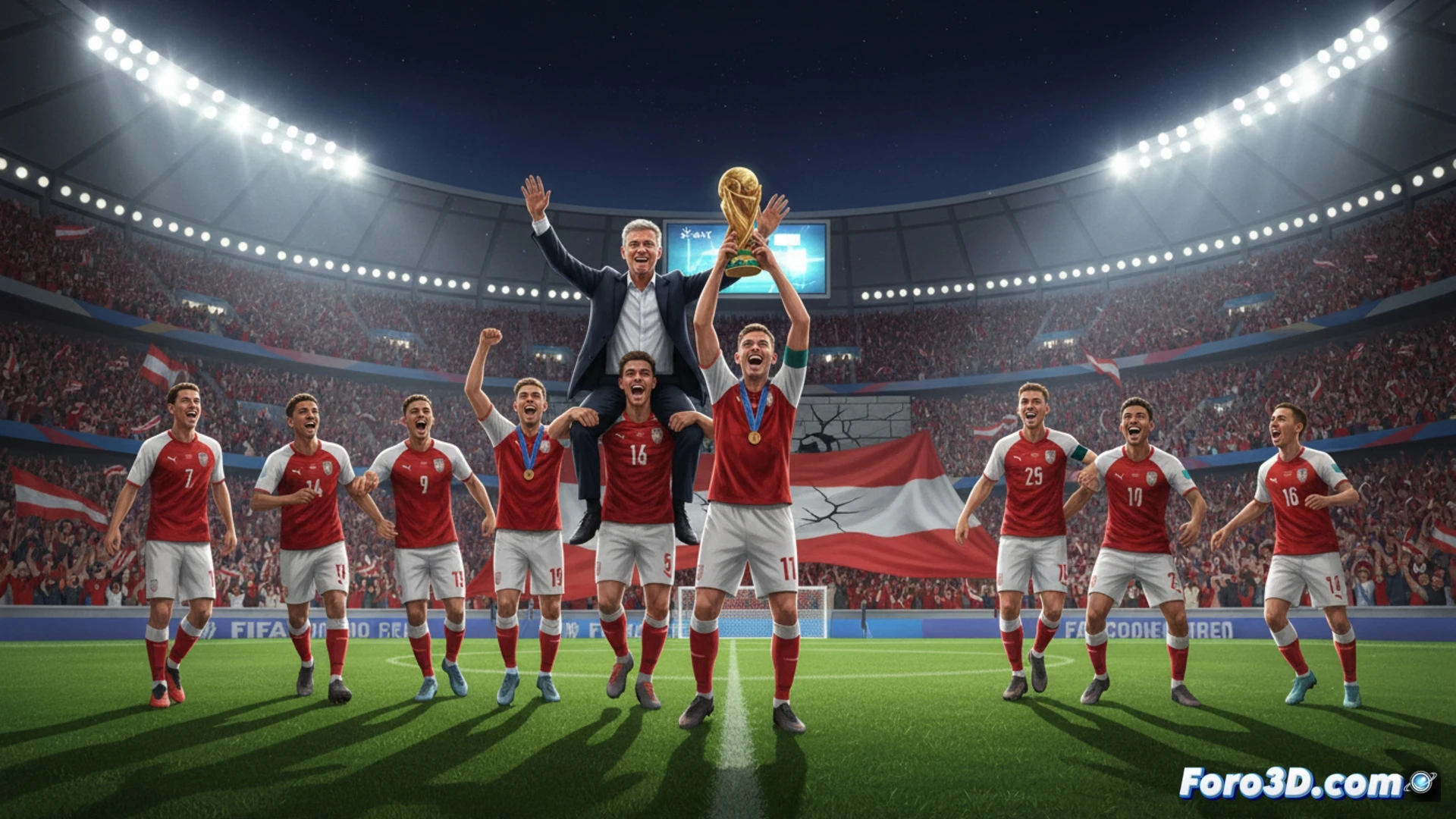Austrian national football team dynamic attacking formation on a green pitch, players in red and white jerseys executing a fast-paced offensive play, ball mid-flight during a precise pass, coach Ralf Rangnick in a tactical suit observing from the sideline, young players pressing forward aggressively, stadium crowd cheering in the background, cinematic sports visualization, dramatic stadium floodlights, motion blur on running legs, sweat droplets visible, realistic skin textures and fabric details, ultra-detailed grass blades, photorealistic technical render