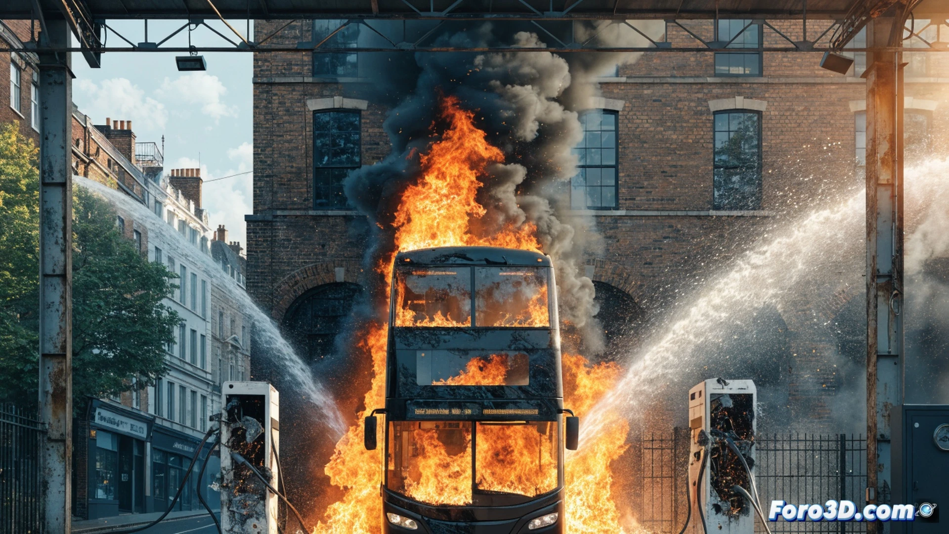 Electric double-decker bus burning in London depot, flames engulfing rear battery compartment while two charging stations are destroyed, black smoke rising against night sky, firefighters spraying water from hoses, melted charging cables and scorched concrete floor visible, damaged charging connectors with exposed wiring, glowing embers around bus tires, cinematic photorealistic engineering visualization, dramatic emergency lighting, ultra-detailed thermal damage on metal surfaces, realistic smoke and fire particle effects, industrial depot setting with overhead power lines