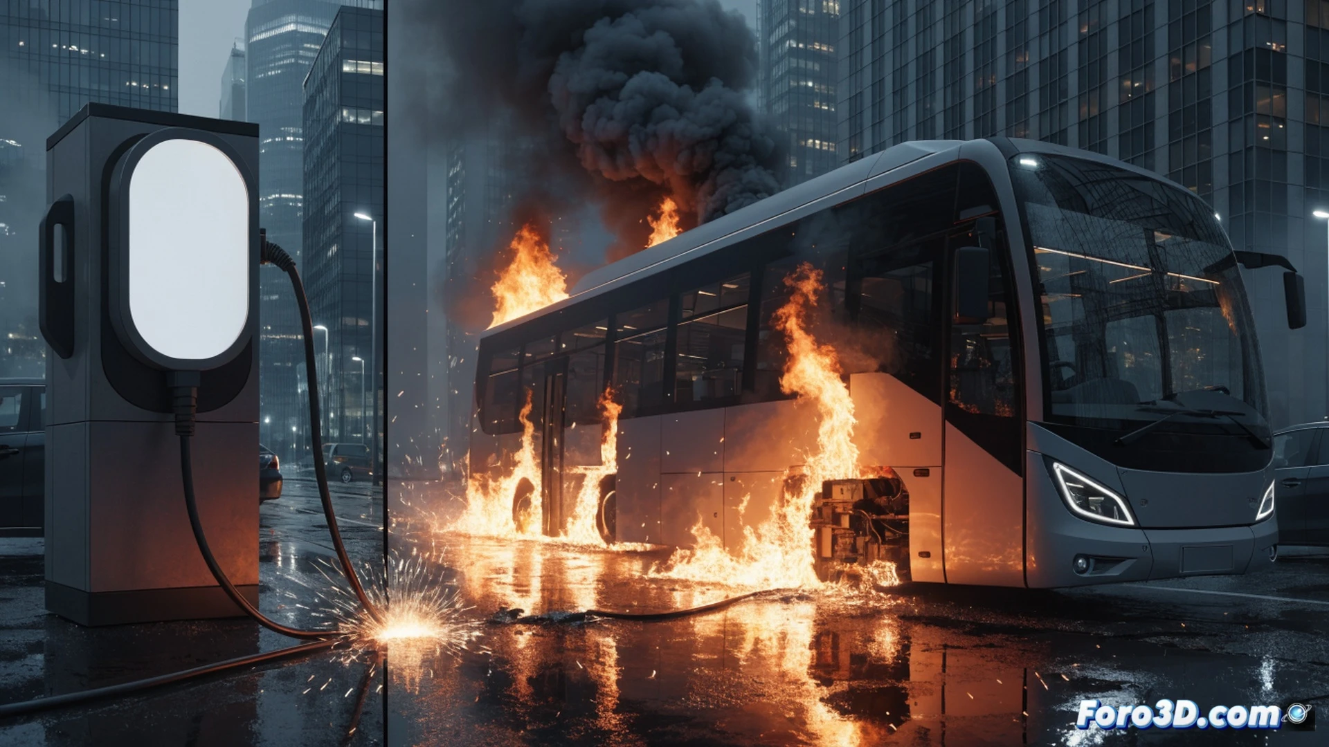 Autobús eléctrico urbano en llamas junto a una estación de carga, con un conector de recarga sobrecalentado y humeante aún conectado al vehículo, mientras un panel de control de infraestructura muestra alertas de sobretensión y temperatura crítica, cables de alta tensión expuestos y deformados por el calor, ingenieros de seguridad retirándose con extintores, fondo de garaje técnico con sistemas de monitorización de baterías en pantallas, estilo cinematográfico de ingeniería forense, iluminación dramática con destellos anaranjados y azules, render fotorrealista técnico, detalles metálicos y plásticos quemados, humo denso, advertencias visuales de fallo eléctrico.