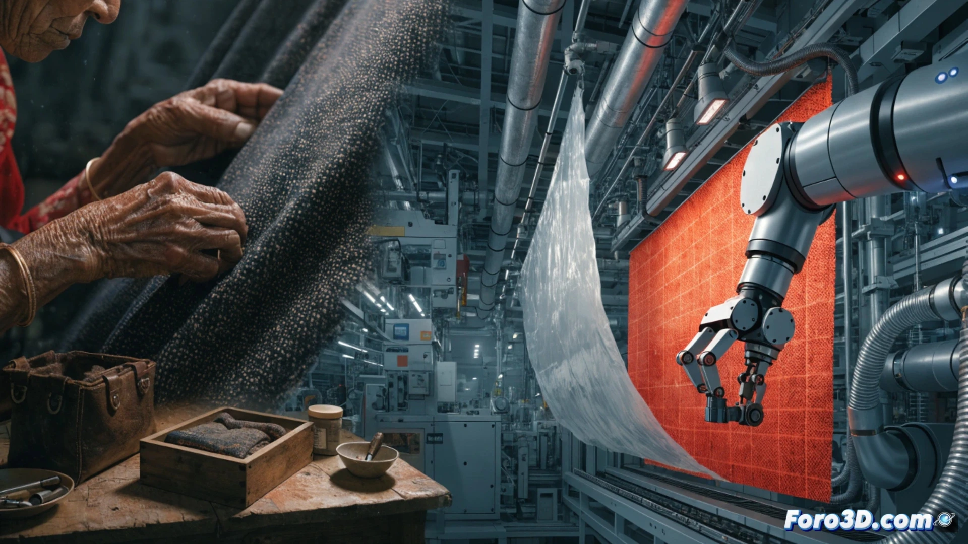 Photorealistic scene of a textile factory floor, robotic arms sewing garments at high speed while human workers are pushed out of frame, frayed fabric scraps and abandoned sewing machines in foreground, automated cutting machine slicing through stacked cloth, conveyor belt moving unfinished clothes past a monitor displaying cost-per-unit graphs, dramatic industrial lighting casting long shadows, cold blue and grey tones, dust particles in air, empty worker lockers in background, cinematic wide-angle shot, technical engineering visualization