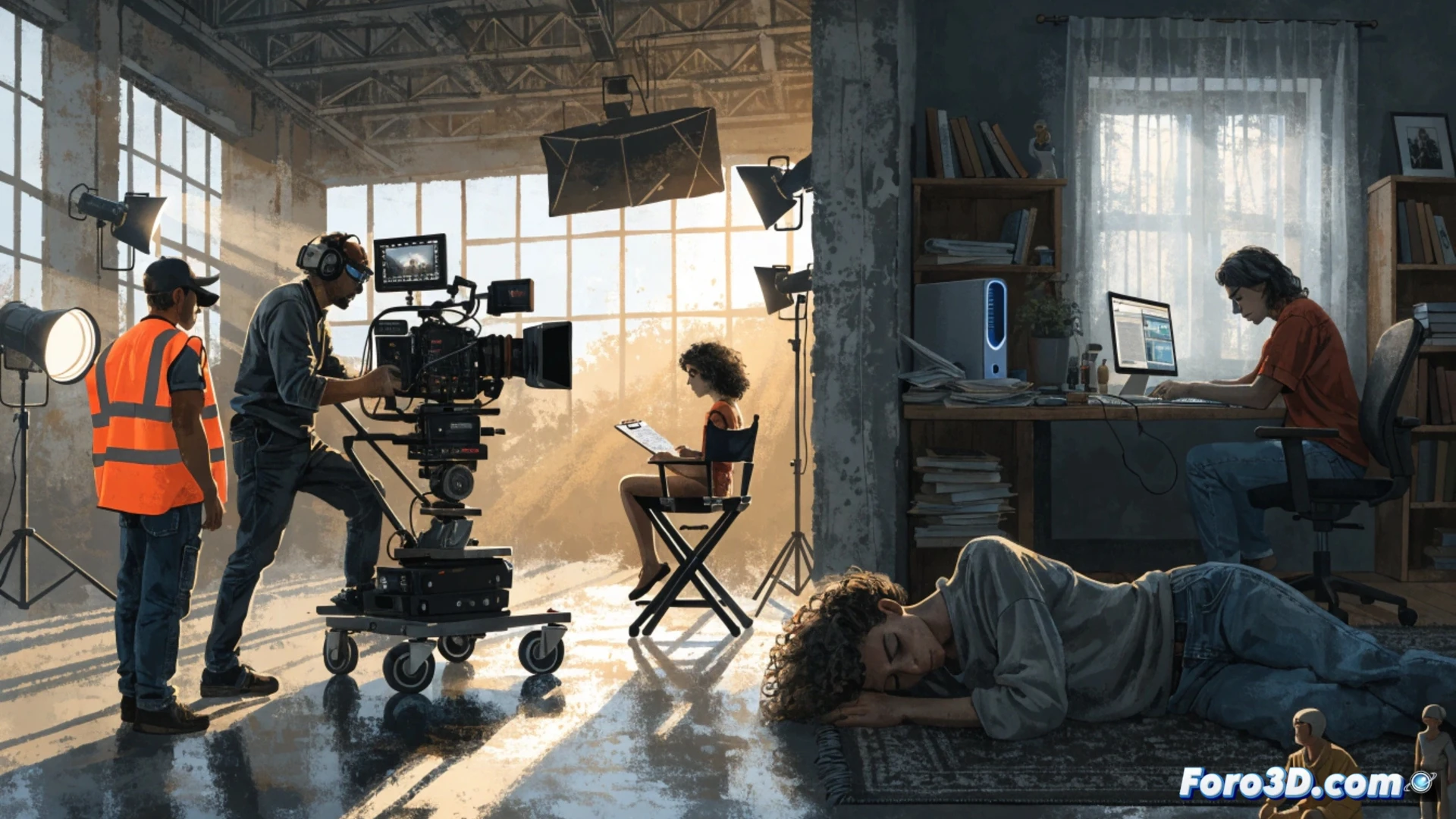 close-up of a film editing timeline on a monitor screen, a single hand holding a stylus hovers over a tiny residual payment bar graph, while a cracked digital clock shows unstable contract terms crumbling into dust, scattered freelance invoices float in the background, a stack of streaming platform logos glows faintly in the distance, cinematic photorealistic style, dramatic low-key lighting, deep shadows, metallic and plastic textures, ultra-detailed keyboard keys and screen pixel grid, subtle motion blur on the drifting paper, technical illustration mood