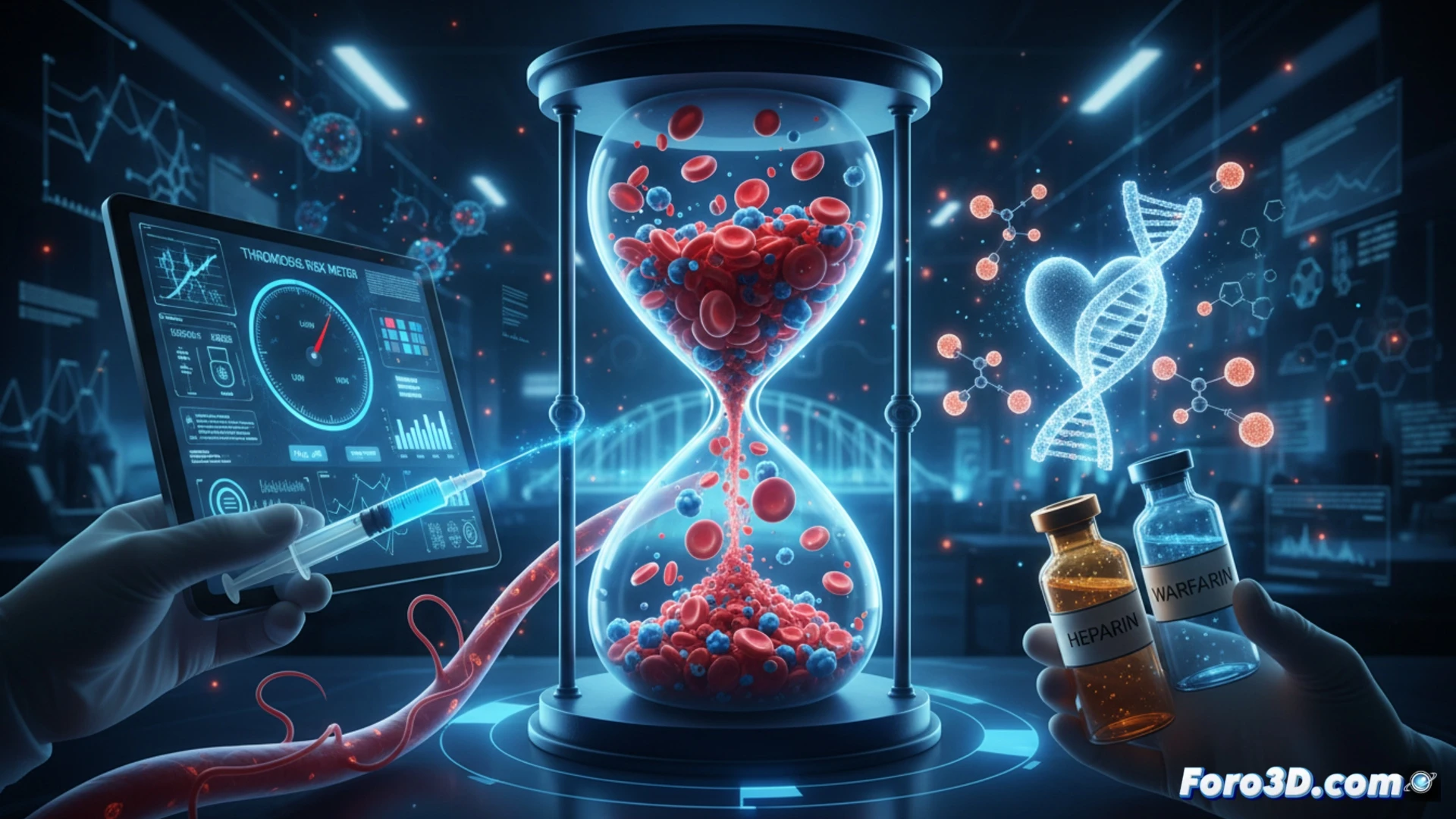 Real-time coagulation monitoring interface, a physician adjusting heparin and warfarin dosages on a tablet while a blood sample vial sits next to a centrifuge, thrombotic risk score displayed as a glowing gauge on the screen, medical lab environment with anticoagulant vials and syringes in foreground, clinical white lighting, clean metallic surfaces, photorealistic medical illustration, sharp focus on hands adjusting the dosage slider, subtle red thrombosis markers fading in the background, ultra-detailed medical equipment, cinematic healthcare visualization