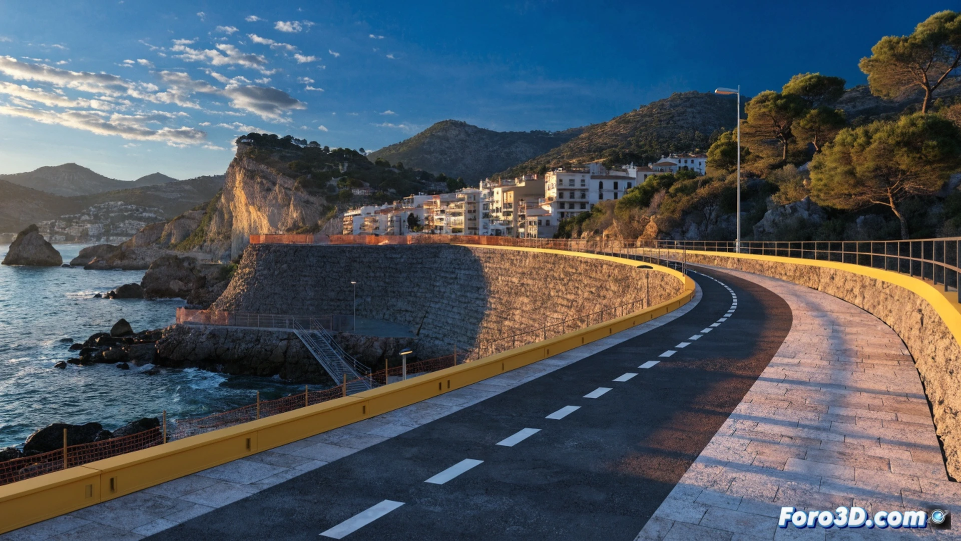 paseo costero de Almuñécar en construcción, trabajadores colocando adoquines de hormigón para la senda peatonal y ciclista, mientras una grúa pequeña eleva paneles solares para iluminación LED del camino, bicicletas aparcadas junto a barandillas de acero inoxidable, vista de la costa mediterránea al fondo, ingenieros revisando planos digitales en tabletas resistentes, señalización vial temporal reflectante, estilo cinematográfico fotorrealista, iluminación de atardecer dorado, texturas detalladas de asfalto y piedra, profundidad de campo nítida