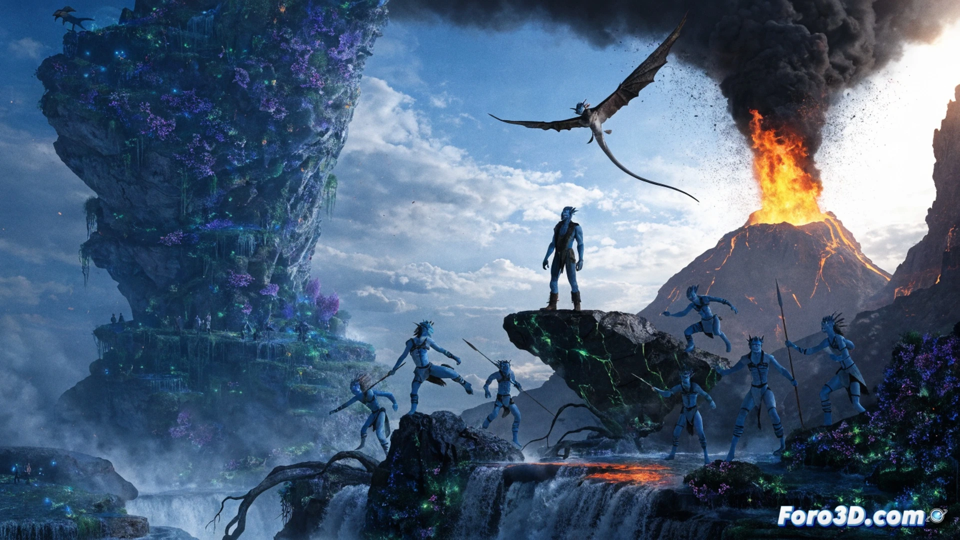 cinematic scene of a giant blue Na'vi warrior standing on a volcanic ash field, holding a broken spear while facing a massive fiery planet in the sky, motion-blurred crowd of Na'vi and human soldiers in background, glowing embers floating through air, high-tech holographic display floating beside the warrior showing declining revenue charts and a fading avatar silhouette, dramatic orange and blue lighting contrasts, photorealistic digital painting style, ultra-detailed alien flora and rocky terrain, epic wide-angle composition