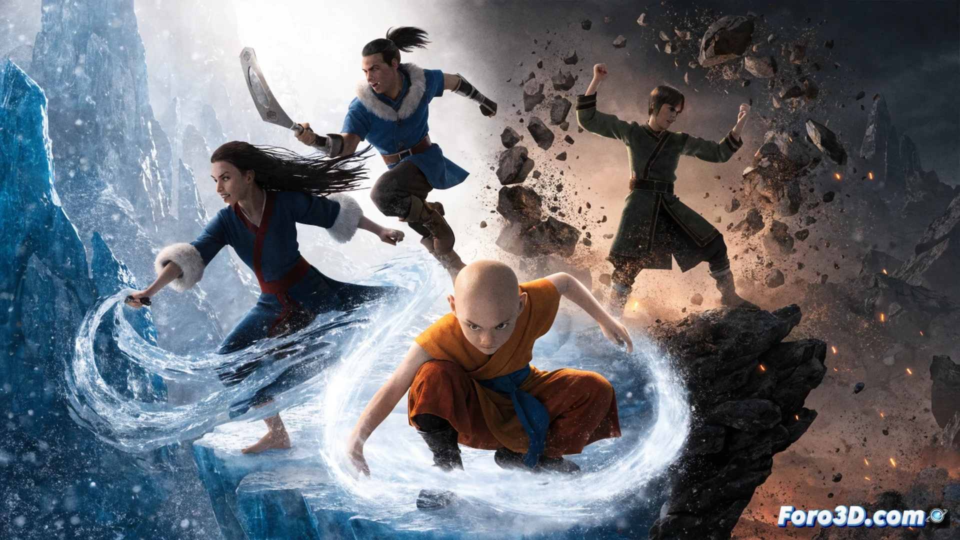 young Avatar Aang in glowing Avatar State, earthbending Toph performing seismic sense technique, stone fragments levitating around her while Aang deflects fire blasts, Netflix interface overlay showing June 25 release date, cinematic action sequence, glowing elemental trails (air, fire, earth), dynamic motion blur, dramatic sunset lighting over Ba Sing Se walls, photorealistic render style, intense combat choreography, sparks and dust particles suspended mid-air, epic fantasy adventure atmosphere, ultra-detailed character expressions, high contrast shadows, 4K cinematic composition