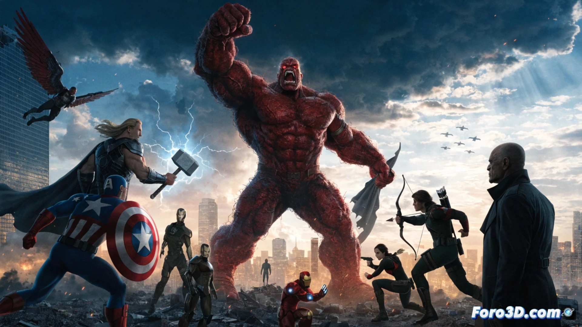 Red Hulk smashing through a crumbling stone wall labeled with a broken ballot box, his massive fist gripping a miniature American flag while stomping on a toppled tank, rubble and smoke filling the air, cinematic political allegory, photorealistic comic book style, dramatic low-angle shot, glowing red veins on his skin, debris particles frozen in mid-air, dark stormy sky with lightning, metallic sheen on his armor, ultra-detailed destruction textures, heroic yet menacing pose, 8k quality