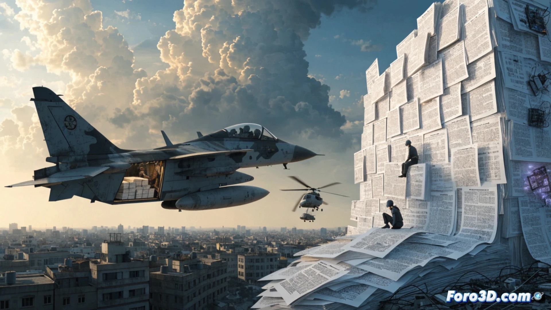 Indian Air Force cargo plane interior, soldiers in olive uniforms carefully stacking sealed exam boxes with tamper-evident tape, while a digital screen shows a cracked tablet with leaked exam papers, robotic surveillance drones hovering in the background, sterile metallic cargo bay with red warning lights, contrasting elements of military precision and academic betrayal, cinematic photorealistic visualization, dramatic chiaroscuro lighting, dust particles floating in harsh beams, security seals glowing faintly, hyper-detailed military hardware, tense atmosphere showing the contradiction of armed forces guarding tests