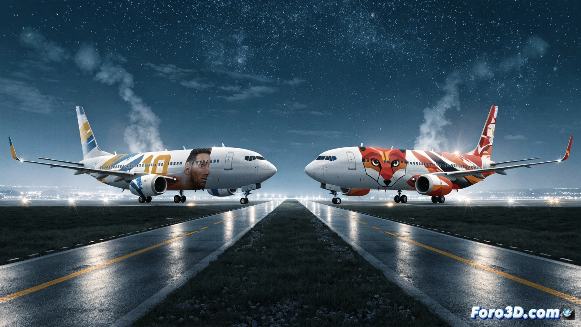 Boeing 737 tail section being painted with a large soccer jersey number, robotic spray arm applying blue and white stripes onto metallic surface, hangar workers in protective gear adjusting stencils, Air Algerie plane nearby featuring a fox mascot decal on fuselage, cinematic engineering visualization, industrial LED lighting reflecting off wet paint, motion blur on rotating spray nozzle, photorealistic technical render, ultra-detailed mechanical structures