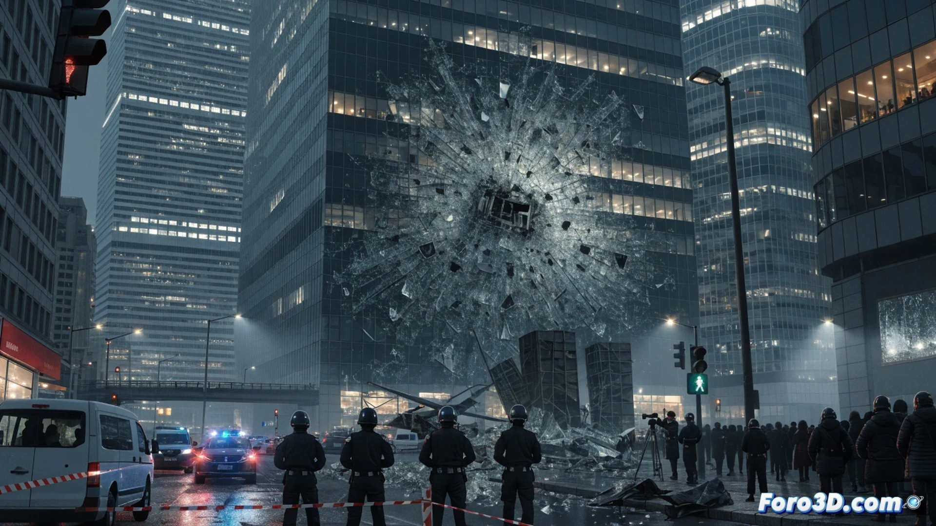 A small single-engine aircraft, car-sized, colliding mid-air with the upper glass facade of the CITIC Tower in Beijing, two glass panels shattering and falling, debris scattering downward, police vehicles with flashing lights blocking surrounding streets below, pedestrians taking photos from a distance, security personnel in uniforms gesturing for evacuation, dramatic evening lighting, city skyline visible behind the skyscraper, photorealistic cinematic visualization, ultra-detailed building glass panels and aircraft metal structure, motion blur on the falling debris, realistic urban atmosphere, high-angle shot showing the impact point and the closed-off street perimeter, technical engineering illustration style.