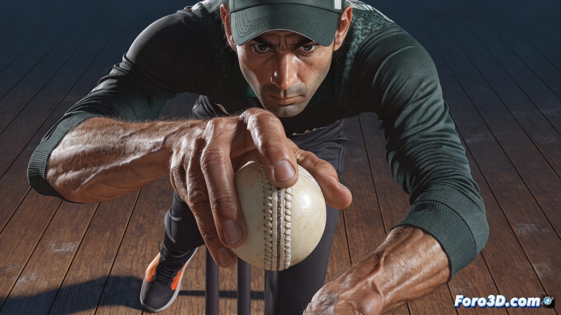 Indian cricketer Axar Patel delivering a left-arm spin ball in a 3D technical visualization, cricket ball rotating with visible seam and finger grip, trajectory arc showing drift and dip, batsman in stance with confused body language, biomechanical analysis overlay with glowing lines tracking arm rotation and wrist snap, cricket pitch surface with wear marks, photorealistic engineering illustration, cinematic lighting with stadium floodlights, high-speed motion freeze, ball shadow and spin axis highlighted, ultra-detailed muscle tension in bowler's arm, technical diagram aesthetic with subtle grid lines