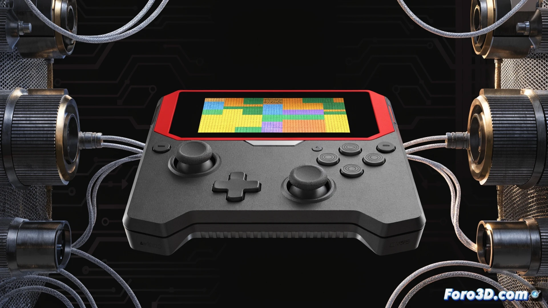 compact retro gaming handheld resting on a wooden desk, user hands holding the device while selecting a classic pixel-art game on a 3.5-inch display, Snapdragon 865 processor visible through a cutaway diagram overlay, battery indicator showing extended autonomy, glowing buttons and D-pad in action, technical illustration style, photorealistic render, soft ambient lighting, subtle heat dissipation lines from the chip, microSD card slot and USB-C port highlighted, nostalgic game cartridge silhouette fading into the background, cinematic product visualization, ultra-detailed mechanical internals, realistic material textures