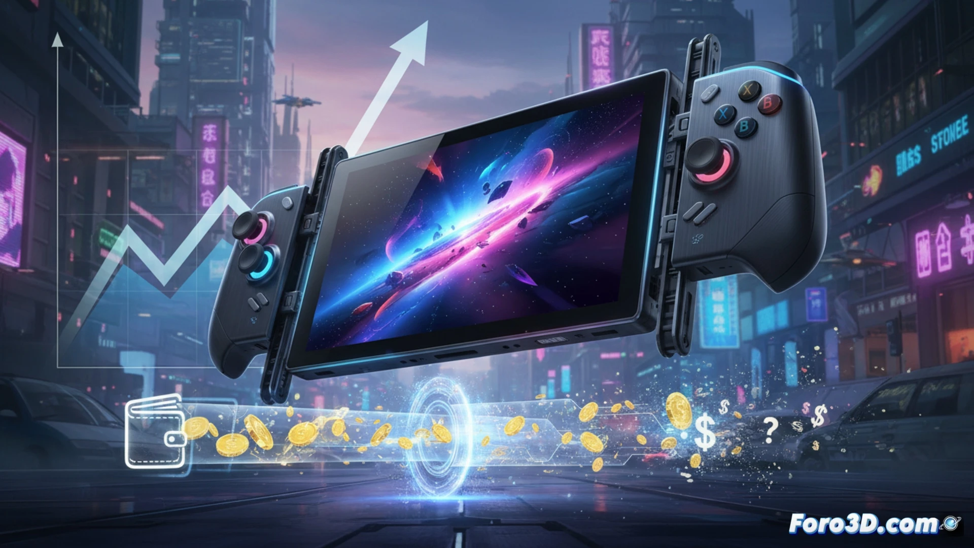 Ayaneo Pocket Play console resting on a polished black surface, user sliding the controllers outward from the device body, revealing metallic guide rails and internal connection pins, OLED screen displaying a vibrant game menu with reflections, measuring tape next to the device showing its large 6.8-inch diagonal, price tag with a high number blurred in the background, shadow of a hand hesitating to grab it, cinematic photorealistic technical illustration, cold blue and silver lighting, ultra-detailed plastic and metal textures, dramatic contrast between the bright screen and dark surroundings, showcasing the action of unboxing and testing the sliding mechanism