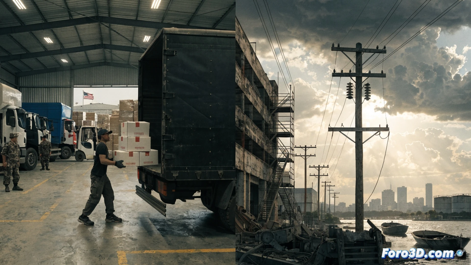 cuban electrical grid infrastructure crumbling under dual pressures, broken power lines and rusted transformers in foreground, while a single US military cargo plane drops pallets of medical supplies in distant background, the aid packages drifting away from the grid, cracked solar panels and disconnected fuel pipelines visible, cinematic photorealistic engineering visualization, dramatic contrast between decaying industrial machinery and untouched humanitarian boxes, dark storm clouds overhead, metallic corrosion textures, ultra-detailed mechanical failure, hyperrealistic lighting, technical illustration style showing systemic contradiction