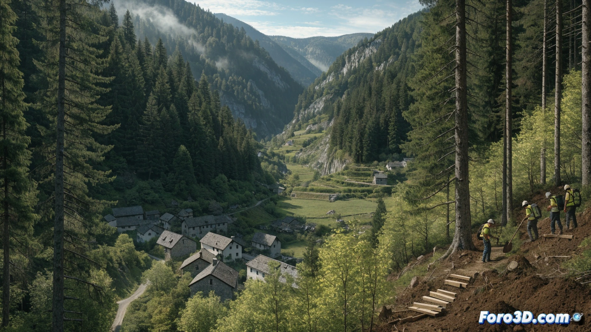 forested mountain slope with young pines being planted by local workers in protective vests, a tractor clearing dry brush near a firebreak path, smoke from controlled burn in background, panoramic view of small village below, cinematic photorealistic technical illustration, golden hour sunlight filtering through trees, detailed forestry tools and safety gear visible, dynamic action of workers and machinery, dramatic contrast between green forest and cleared land, ultra-realistic landscape textures