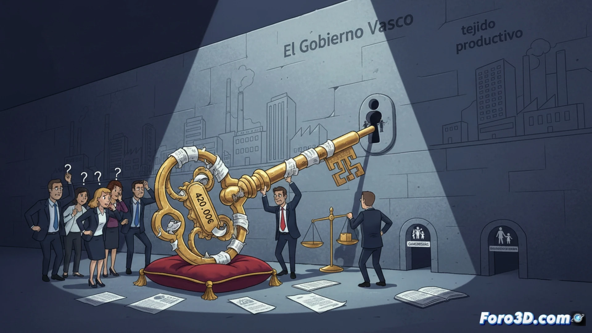 cinematic scene of a corporate boardroom with a large digital screen showing a 420k euro budget pie chart, a stressed executive juggling a crying baby and a laptop while a consultant in a suit hands over a thick report labeled conciliación plan, no actual childcare or workplace changes visible, clock on wall showing late hour, cold fluorescent lighting, photorealistic corporate documentary style, shallow depth of field focusing on the ironic contrast between paperwork and real-life chaos