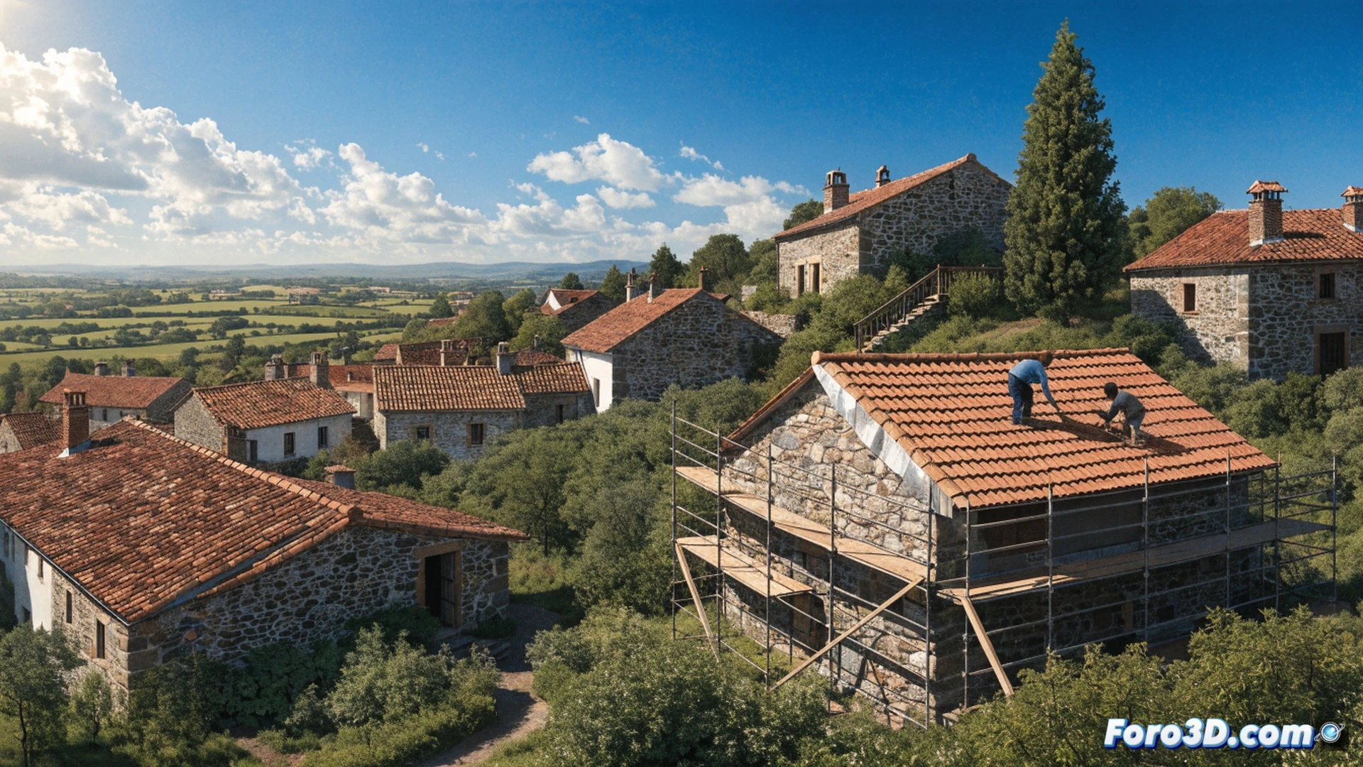 stone cottage renovation in Galician rural landscape, worker installing new wooden window frame while holding digital tablet showing building plans, solar panels being mounted on tiled roof during rehabilitation process, traditional granite walls with fresh mortar visible, green hills and vineyards of Monterrei in background, construction tools and insulation materials on scaffold, bright daylight with soft clouds, cinematic photorealistic technical illustration, detailed textures of stone and wood, warm earthy colour palette, action of fixing population to rural area through home improvement