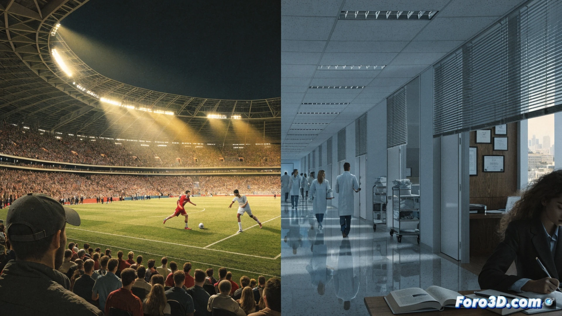 Estadio de fútbol vacío iluminado artificialmente, un gran fajo de billetes de euro ardiendo en el centro del campo, humo gris elevándose hacia reflectores, mientras un gráfico técnico semitransparente superpuesto muestra una balanza desequilibrada con iconos de hospital y escuela en un platillo frente a un balón y un sobre de dinero en el otro, cinemática nocturna, renderizado fotorrealista, iluminación dramática azul y naranja, texturas de césped y ceniza detalladas, estilo visualización de ingeniería.