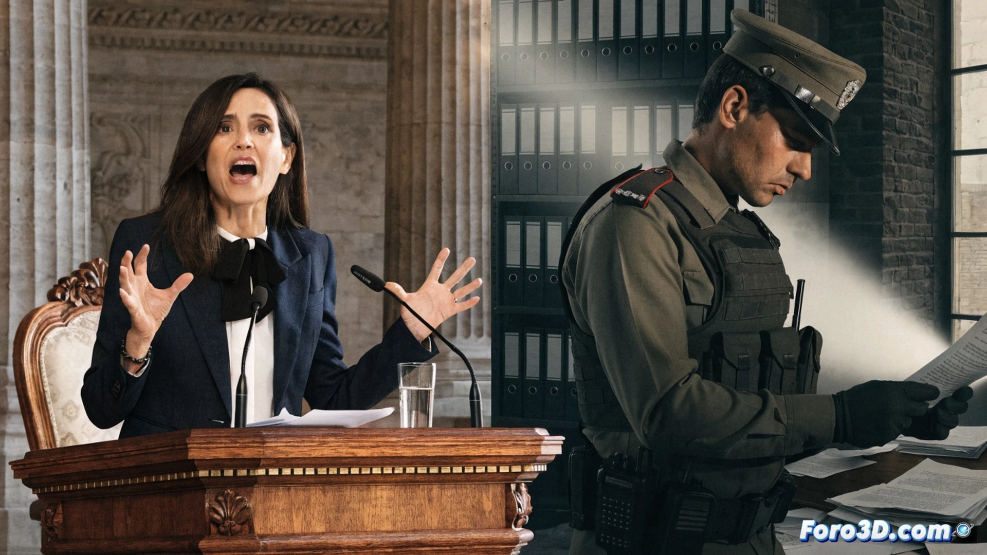 photorealistic cinematic scene of a government office desk covered with official contract documents and a magnifying glass over a signature, a Guardia Civil officer in uniform examining a computer screen showing financial data and invoice records, while a politician’s silhouette stands behind a glass wall defending the contracts, forensic audit tools like a digital tablet with spreadsheet graphs and a sealed evidence bag visible on the desk, dramatic shadows and blue-tinted lighting suggesting investigation tension, technical illustration style with high detail on paper textures and screen interfaces