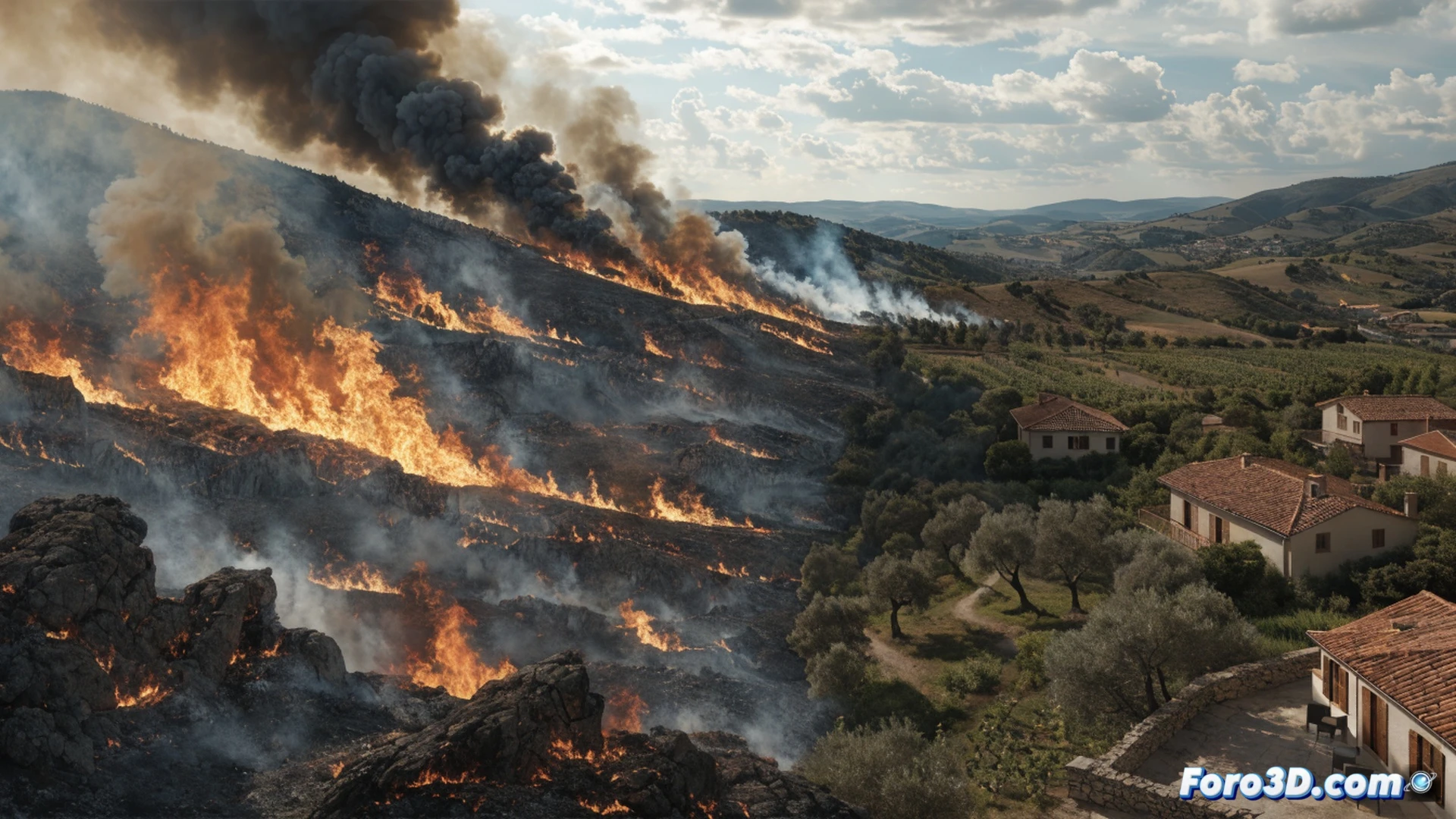 Aerial view of a wildfire advancing across dry farmland near Alcampell, flames consuming crops and approaching isolated farmhouses, smoke plumes rising into a hazy orange sky, a mobile command center with antennas and monitoring screens visible on a dirt road, a helicopter dropping water in the background, cinematic photorealistic visualization, dramatic lighting with dark smoke and bright fire glow, ultra-detailed terrain and vegetation, motion blur on rotor blades, realistic heat haze distortion, tense emergency scene