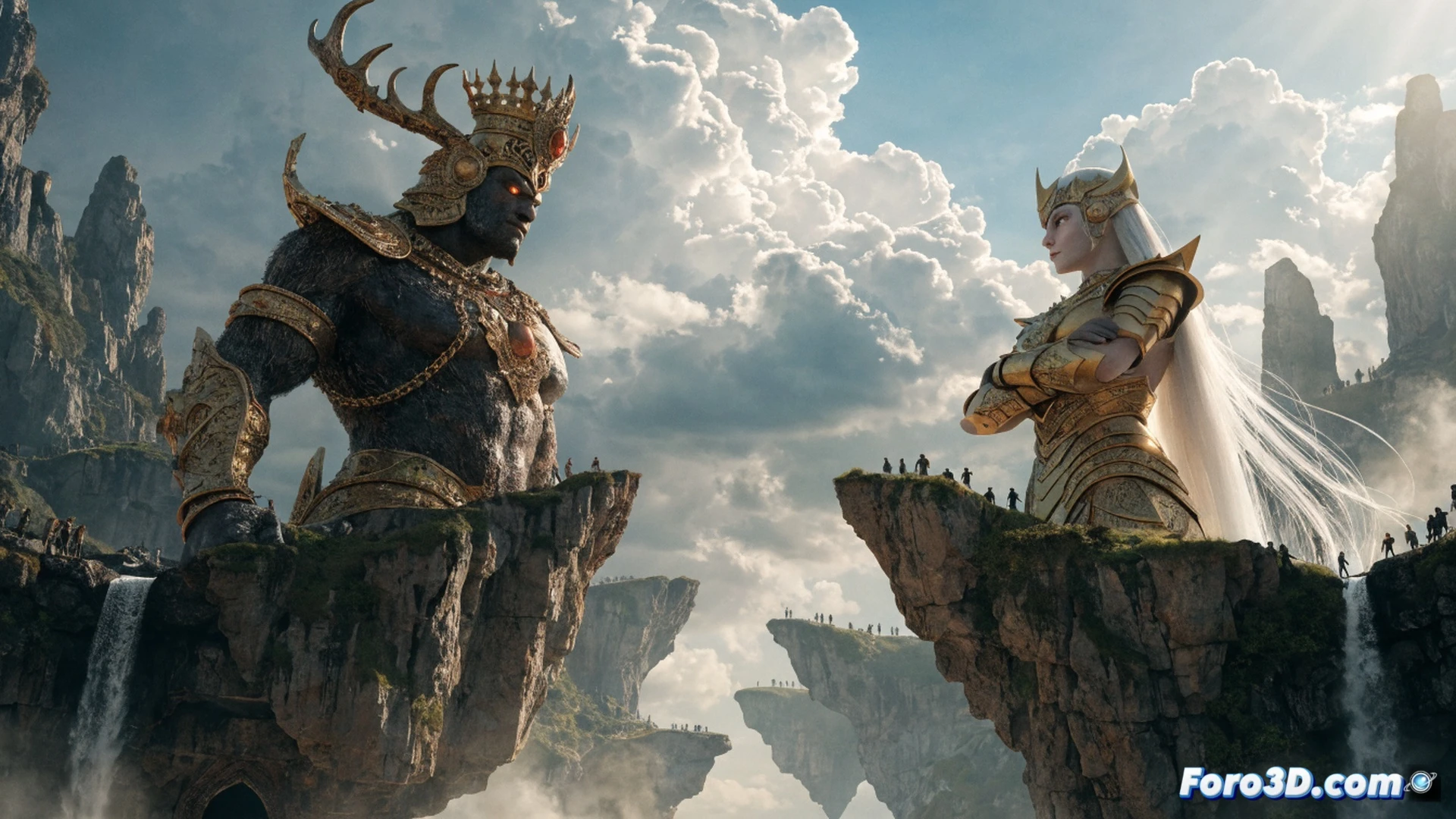 Epic celestial battlefield scene, divine warriors wielding glowing celestial weapons clashing mid-air, ancient Indian temple architecture floating in clouds, a colossal god figure unleashing a lightning-infused spear toward a demonic army, cinematic animation style, dynamic action pose showing a hero deflecting energy blasts with a magical shield, intricate gold armor designs, dramatic volumetric lighting, particle effects from magical collisions, motion blur on spinning weapons, vast cosmic background with swirling nebulae, ultra-detailed character textures, photorealistic fantasy render, epic scale with hundreds of tiny combatants in the distance