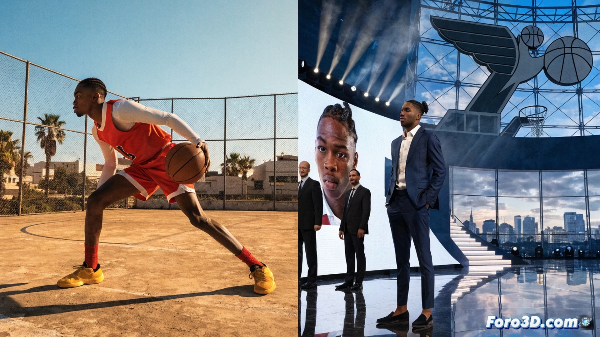 young basketball player rising for a dunk on a gritty outdoor court, worn sneakers gripping cracked asphalt, palm trees visible in background, basketball net with frayed rope, sunset golden light casting long shadows, cinematic sports photography style, motion blur on the ball, sweat droplets frozen mid-air, worn basketball texture, dramatic low angle shot, photorealistic urban atmosphere, contrast between humble court and athletic power, emotional intensity, no text or numbers visible