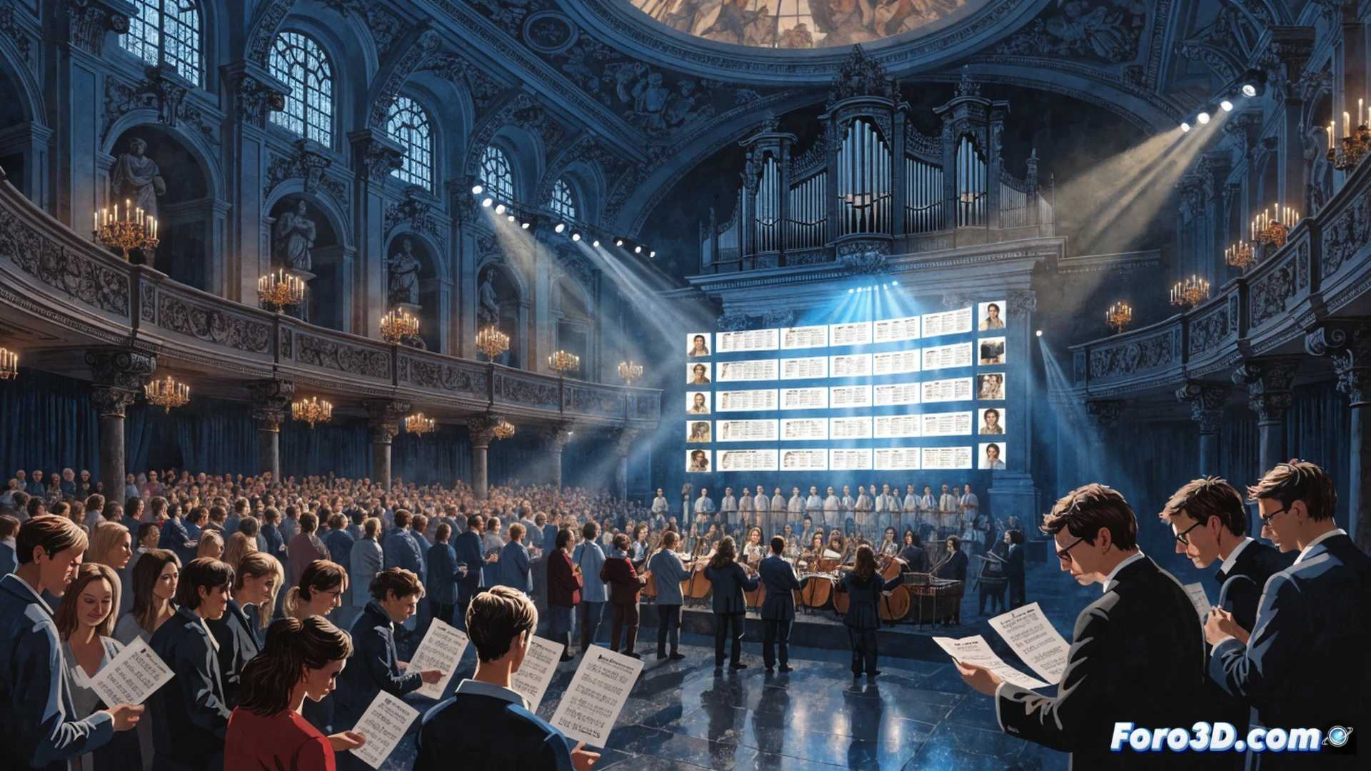 Baroque church interior during Bachfest Leipzig, audience members raising hands to vote on digital tablets while a conductor gestures toward a holographic list of cantata titles floating above the stage, musicians tuning instruments on a minimalist podium, warm candlelight mixing with cool blue LED screens, photorealistic architectural visualization, crowd in motion with blurred movement, sheet music scattered on wooden pews, dramatic chiaroscuro lighting emphasizing participatory action, ultra-detailed stone columns and baroque ornaments, cinematic community concert scene