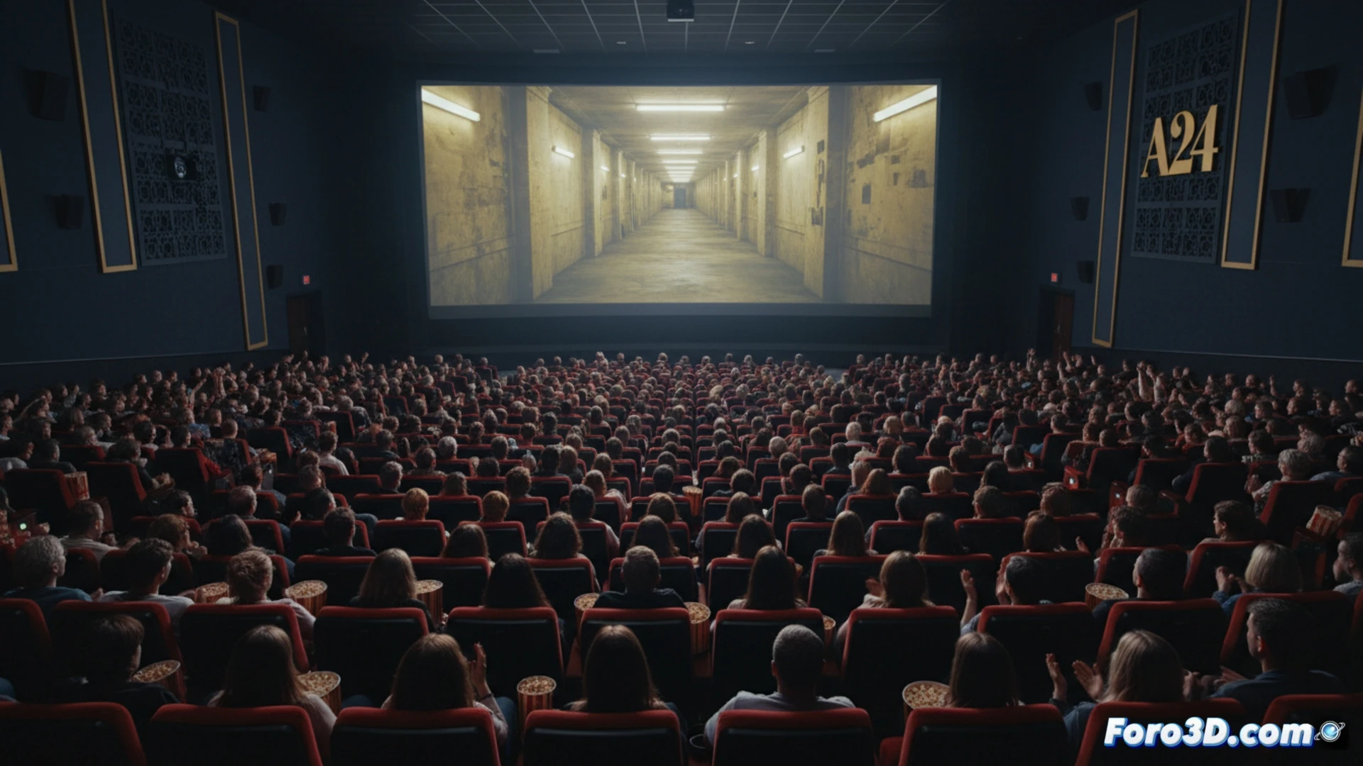 Una sala de cine oscura, llena de espectadores absortos frente a una pantalla que muestra un pasillo amarillo infinito con alfombras húmedas y luces fluorescentes. En primer plano, un cartel de 'Backrooms' con cifras de taquilla récord. Estilo low cost pero impactante.
